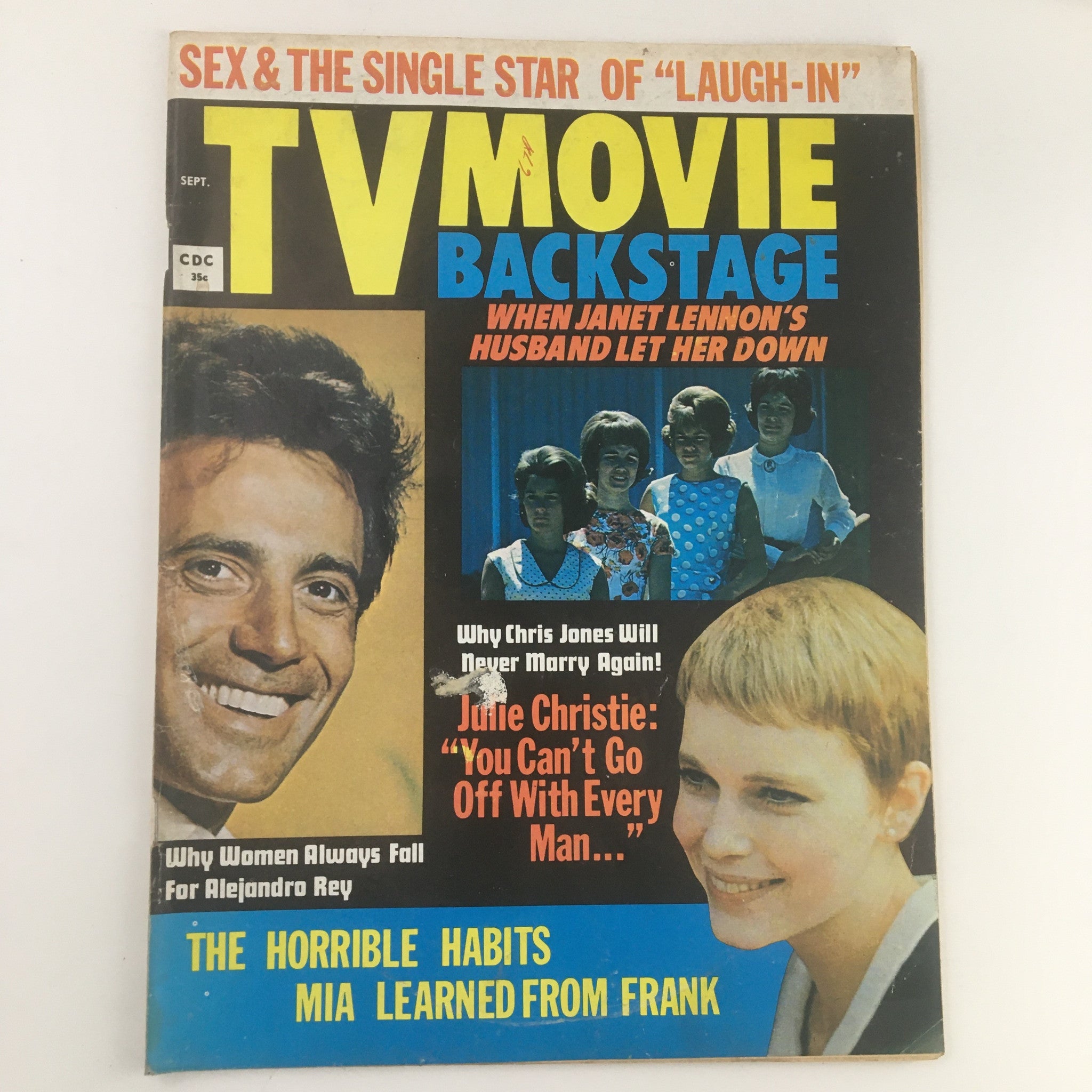 Cover of TV Movie Backstage Magazine September 1969 featuring headlines about Janet Lennon and Julie Christie, showcasing vibrant colors and vintage design, a collectible item for fans of classic cinema.