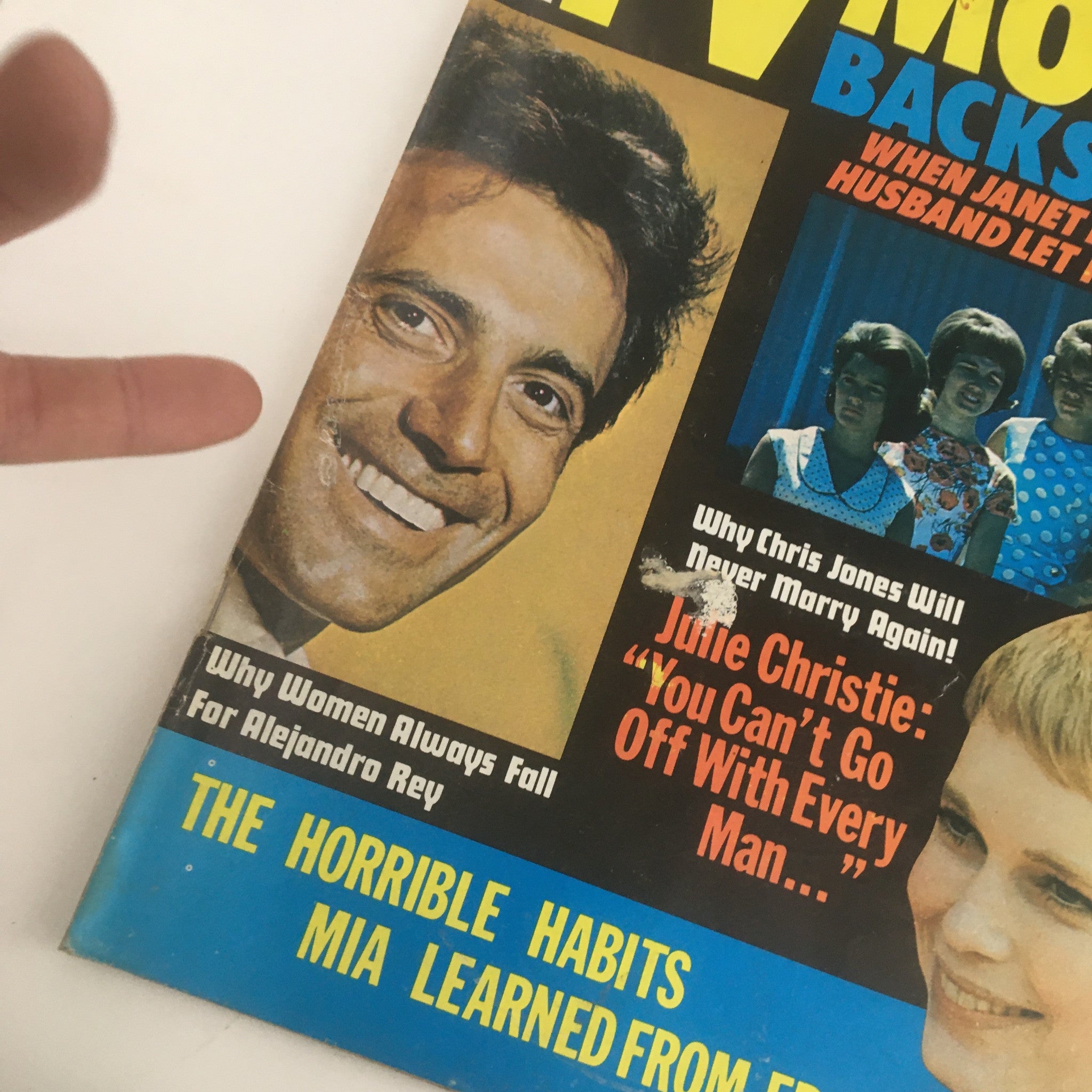 Cover of the TV Movie Backstage Magazine September 1969 featuring a smiling man and highlighted articles including Julie Christie and Alejandro Rey.
