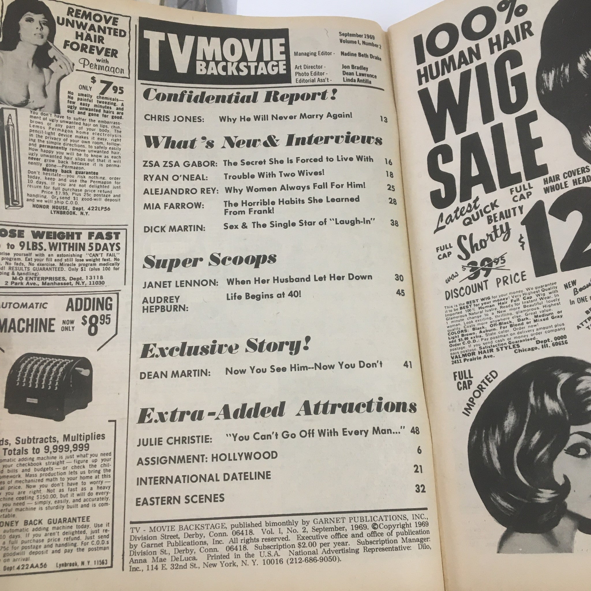 Inside page of the TV Movie Backstage Magazine September 1969 showcasing the table of contents with celebrity features, including articles about Janet Lennon and Mia Farrow.
