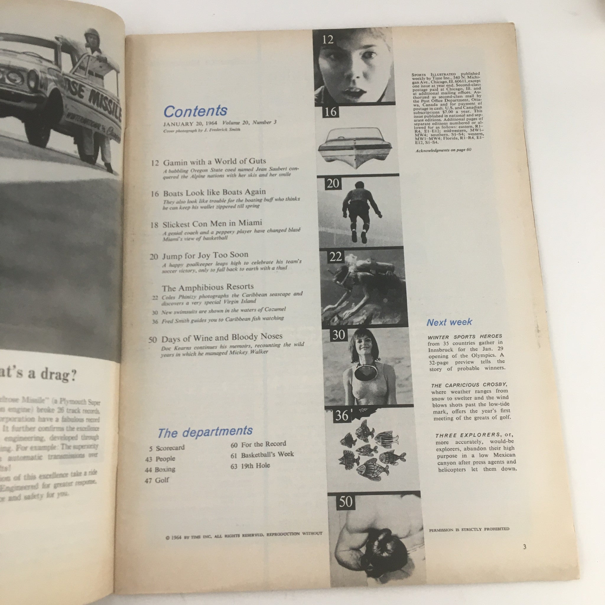 Contents page of Sports Illustrated Magazine January 20, 1964 featuring articles like 'Gamin with a World of Guts' and 'The Amphibious Resorts', along with captivating images that dive into the culture of the Caribbean and sports.