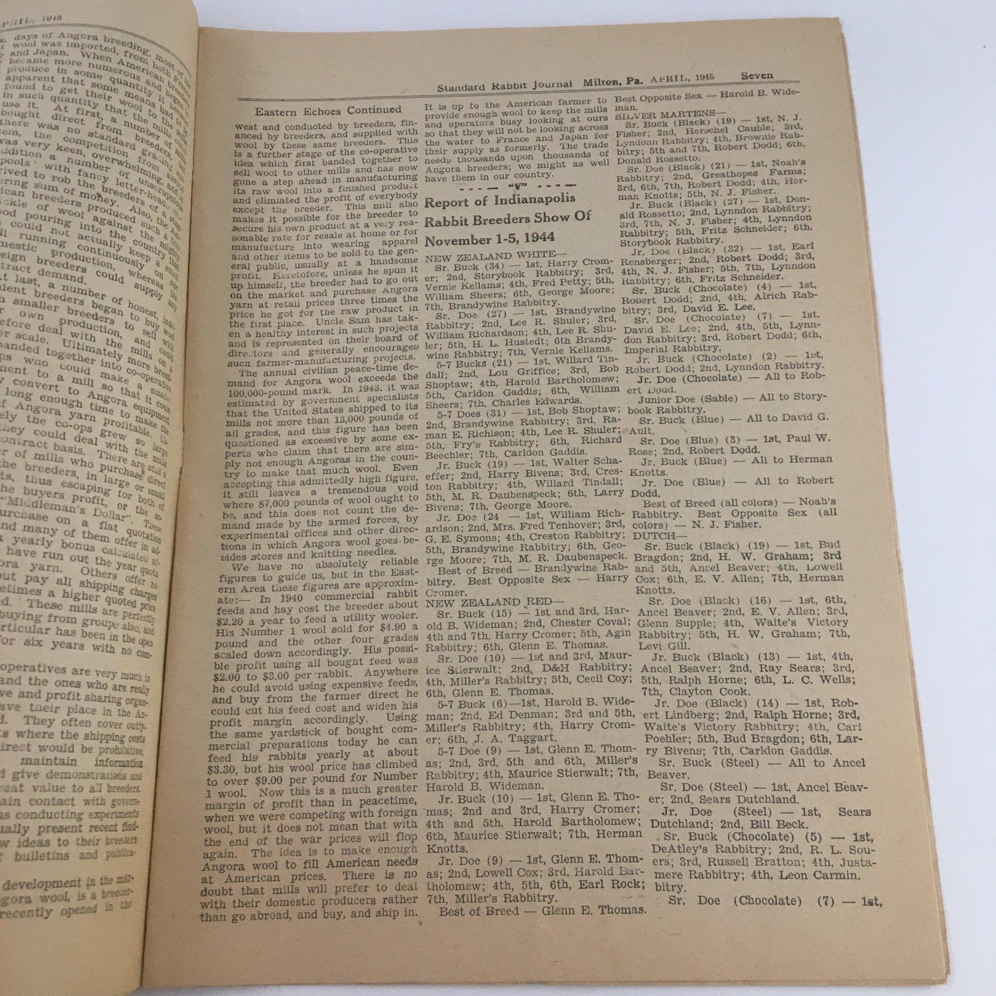 Another interior page of the Standard Rabbit Journal April 1945 detailing reports from the Indianapolis Rabbit Breeders Show and discussing rabbit breeding practices.
