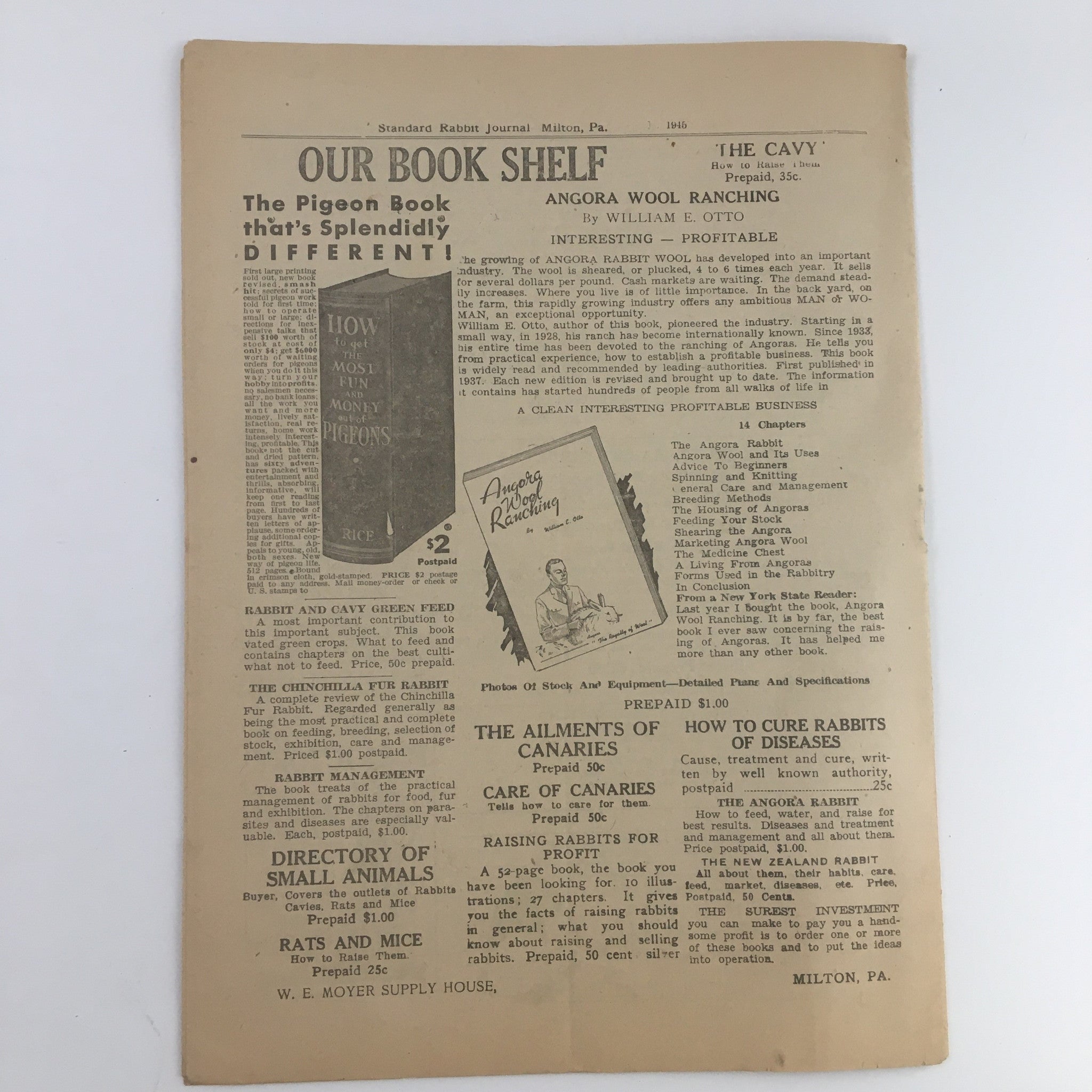Page from the Standard Rabbit Journal April 1945 titled 'OUR BOOK SHELF' featuring articles on rabbit care, the Angora wool ranching information, and a directory of small animals.