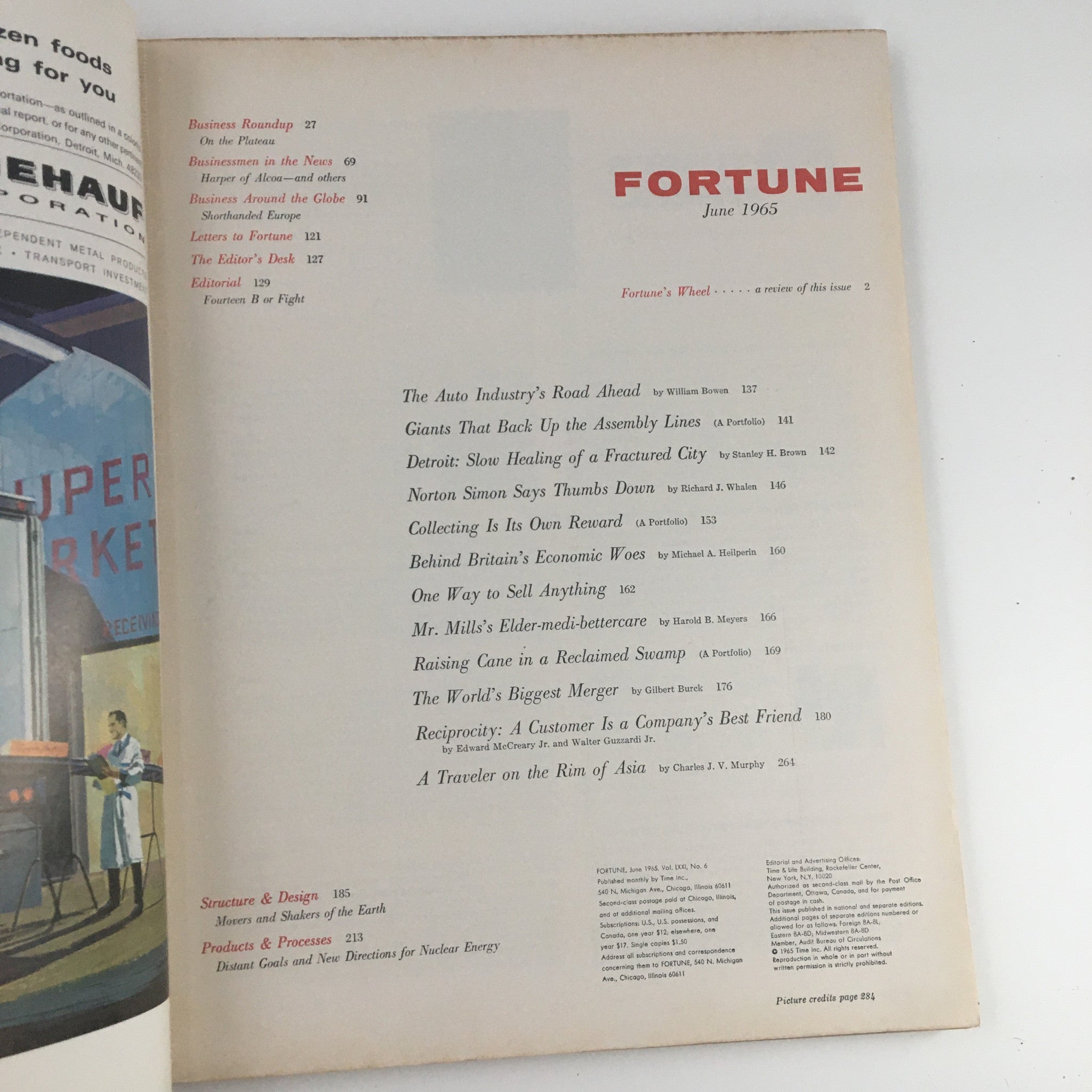 Fortune Magazine June 1965, featuring the table of contents with articles including Norton Simon Says Thumbs Down. A glimpse into mid-century American business and culture.