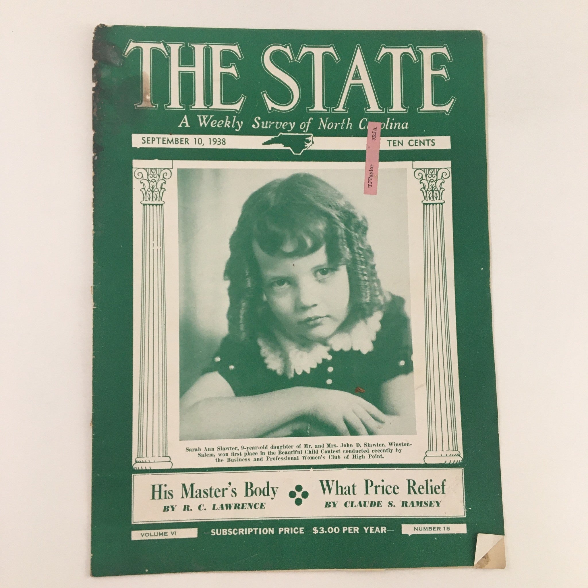 The State Magazine September 10 1938 Beautiful Child Sarah Ann Slawter No Label