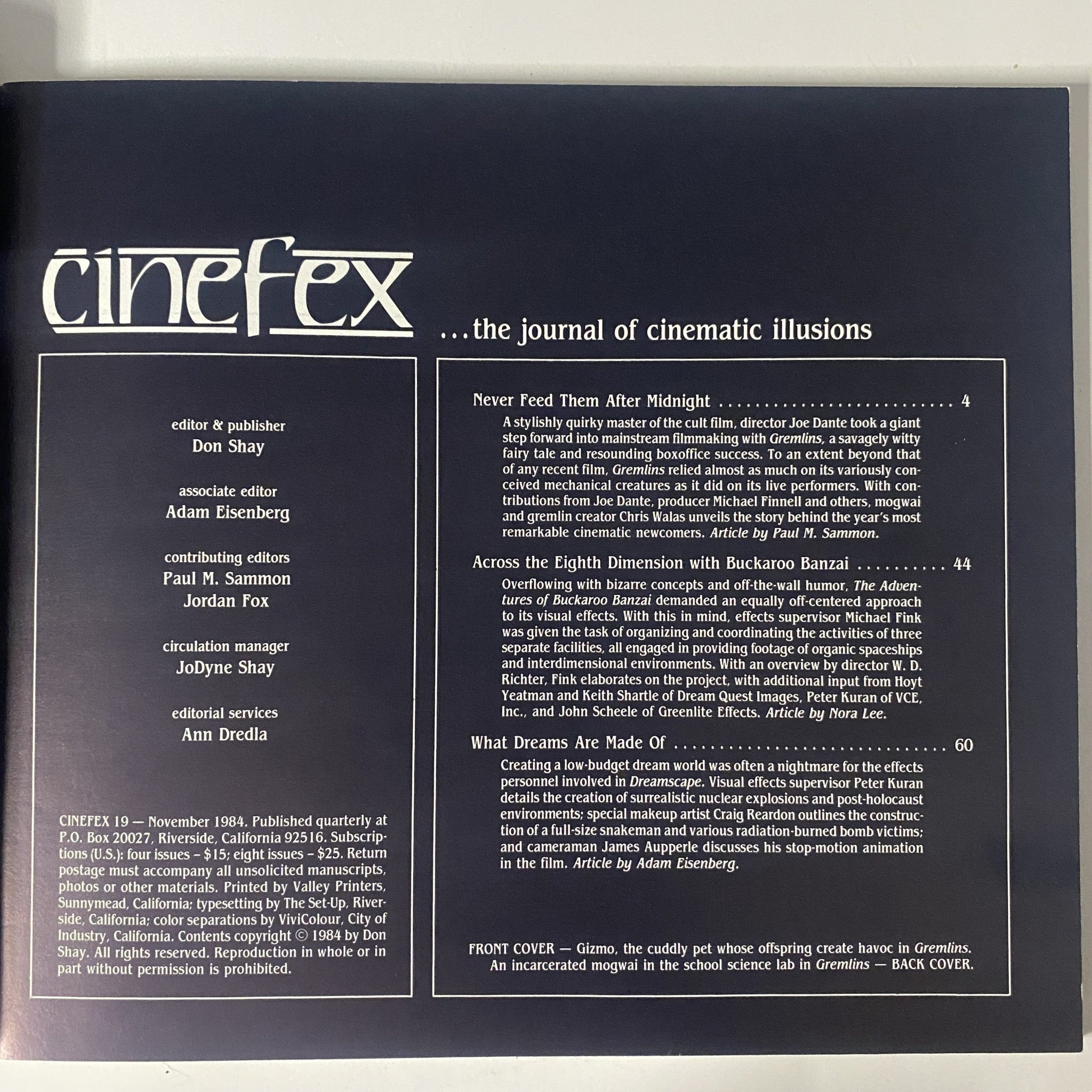 Cinefex Magazine November 1984 No. 19 showing table of contents featuring articles on Gremlins, Buckaroo Banzai, and Dreamscape. Highlights include insights on visual effects in 1980s cinema.
