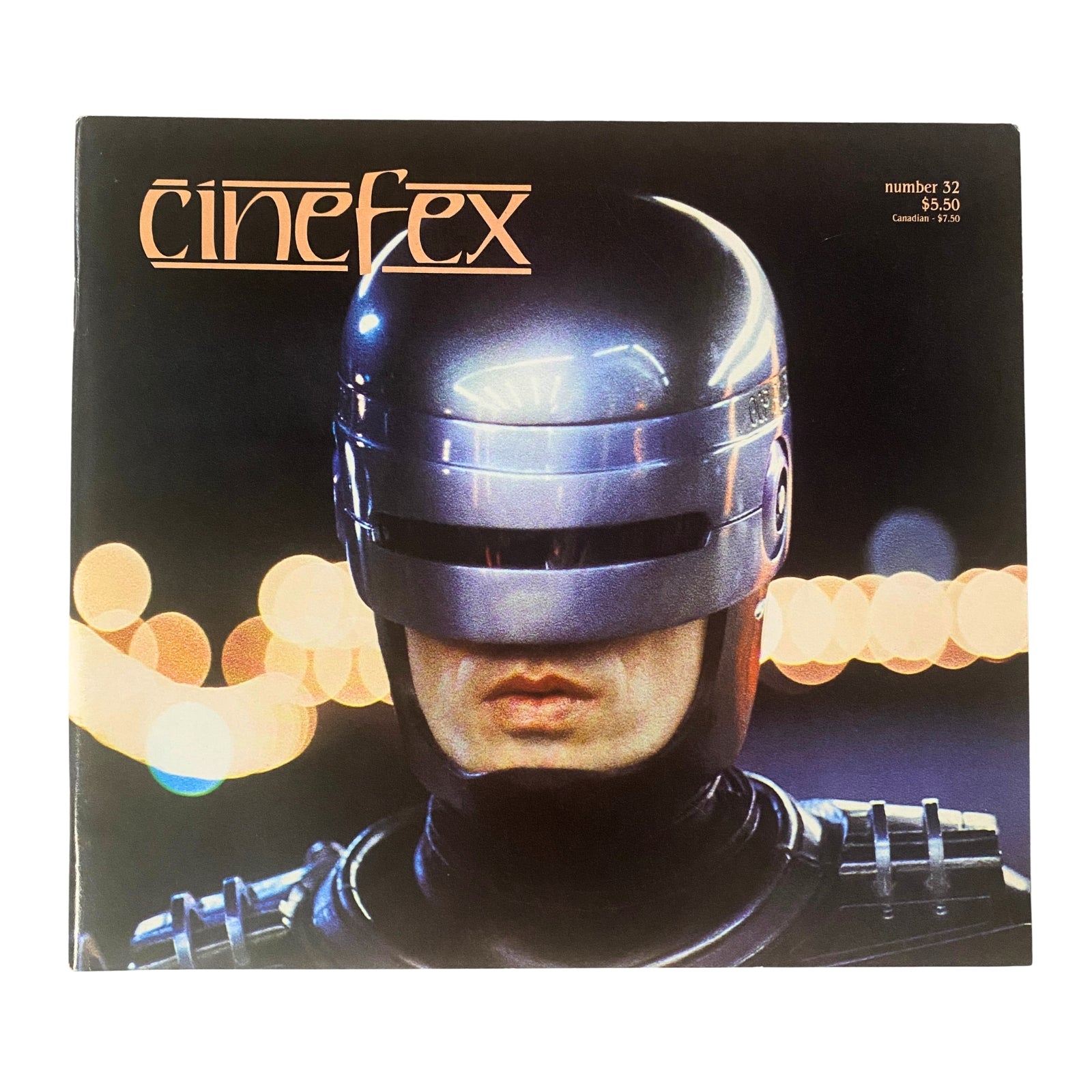 Cover of Cinefex Magazine November 1987 No. 32 featuring RoboCop, showcasing the iconic cybernetic character against a blurred cityscape background.