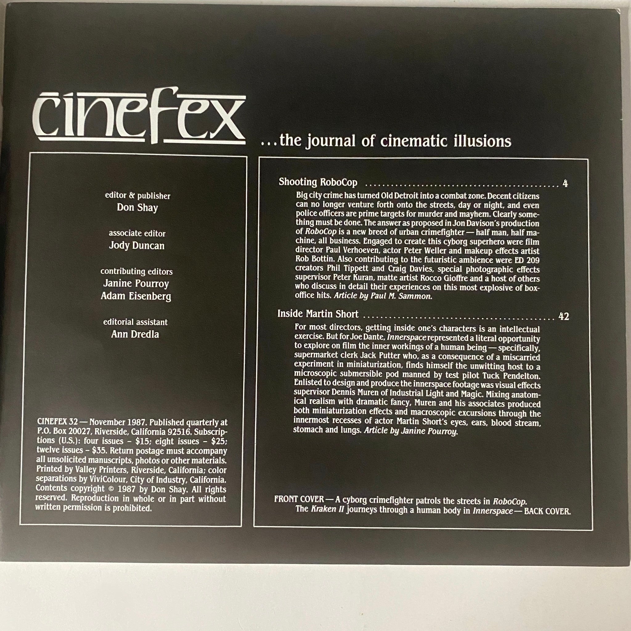 Back cover of Cinefex Magazine November 1987 No. 32 detailing articles on RoboCop and Innerspace, alongside the magazine's editorial information.
