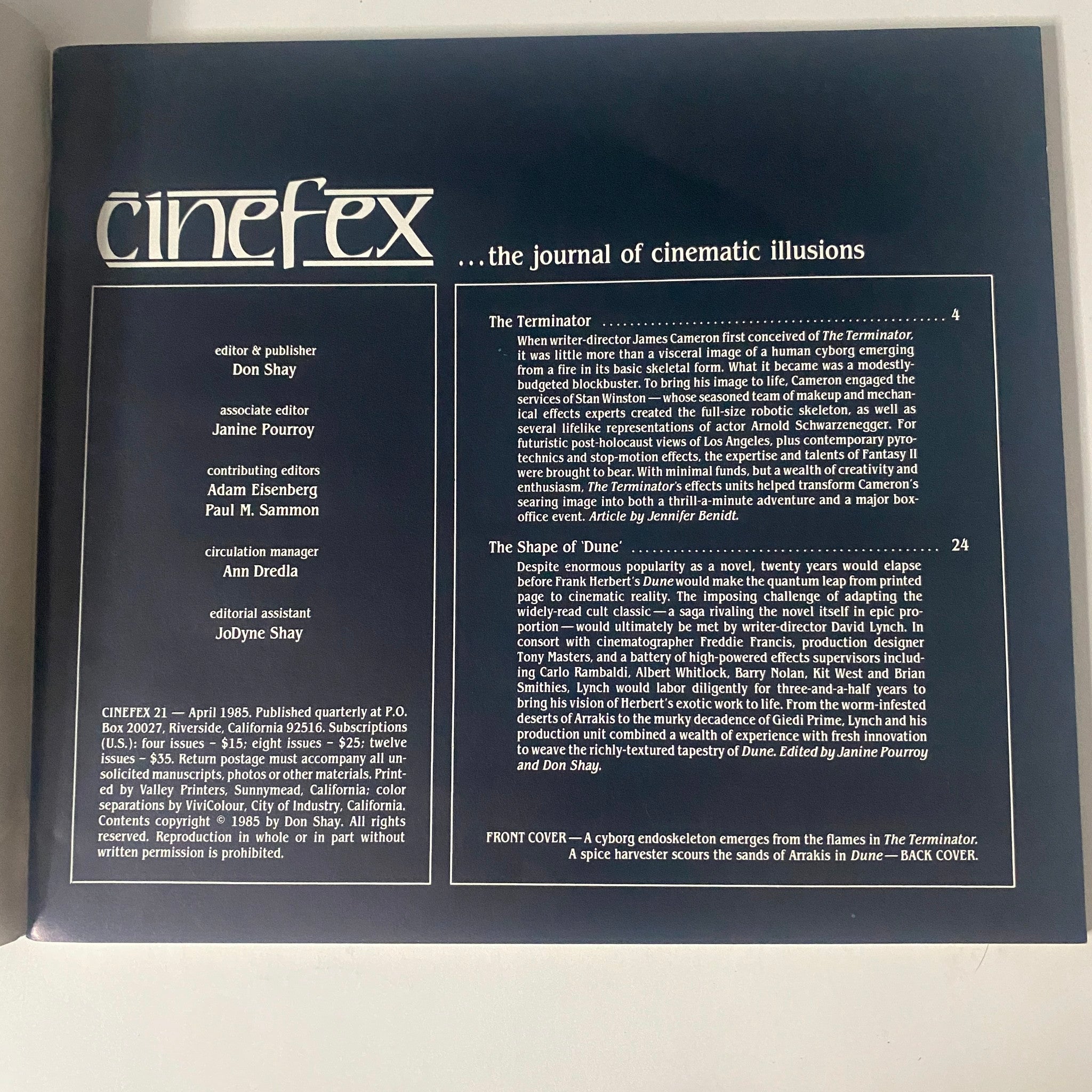 Back cover of Cinefex Magazine April 1985 No. 21, detailing The Terminator and Dune articles, with a focus on cinematic illusions.