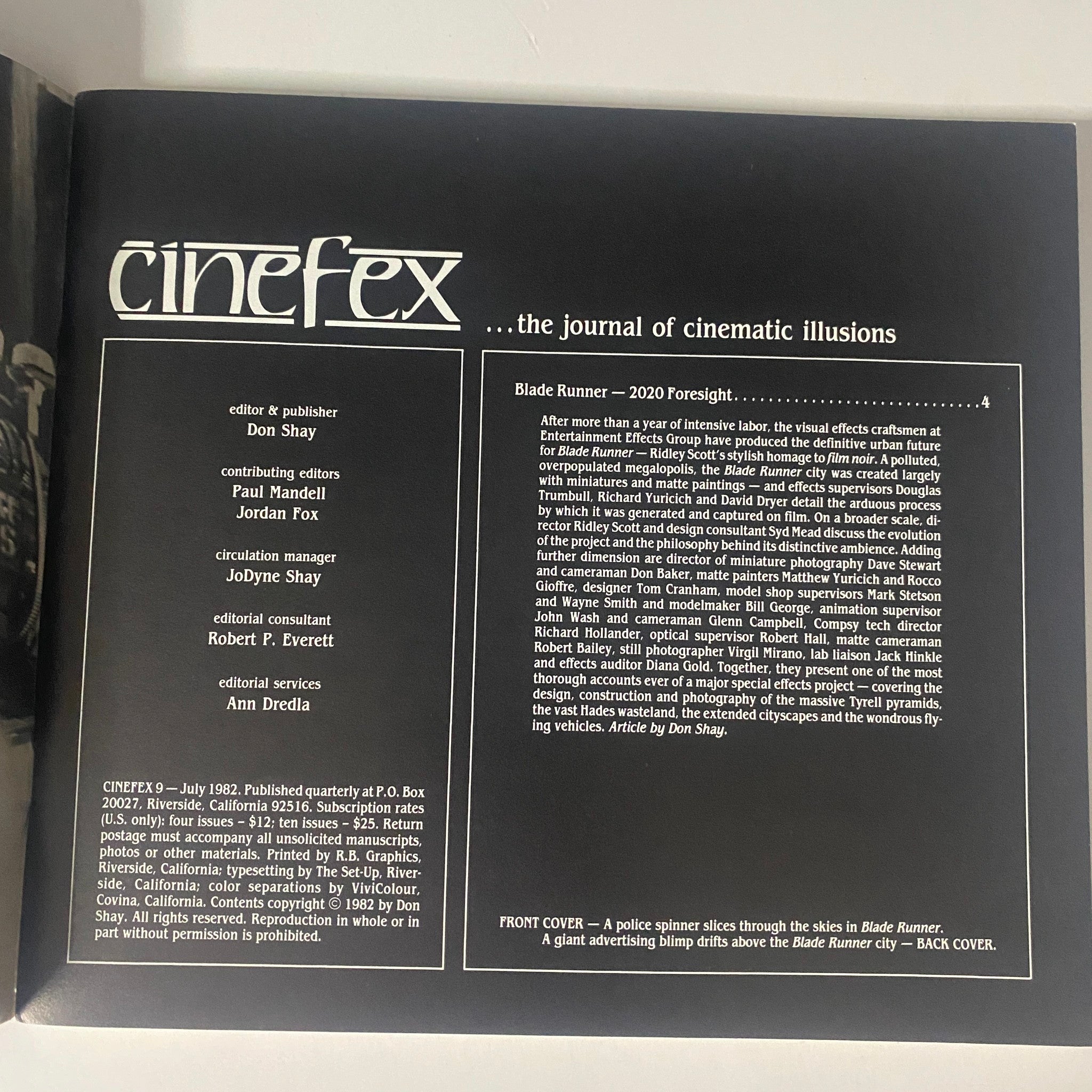 Cinefex Magazine July 1982 No. 9 featuring the table of contents and editorial details, emphasizing visual effects in Blade Runner.