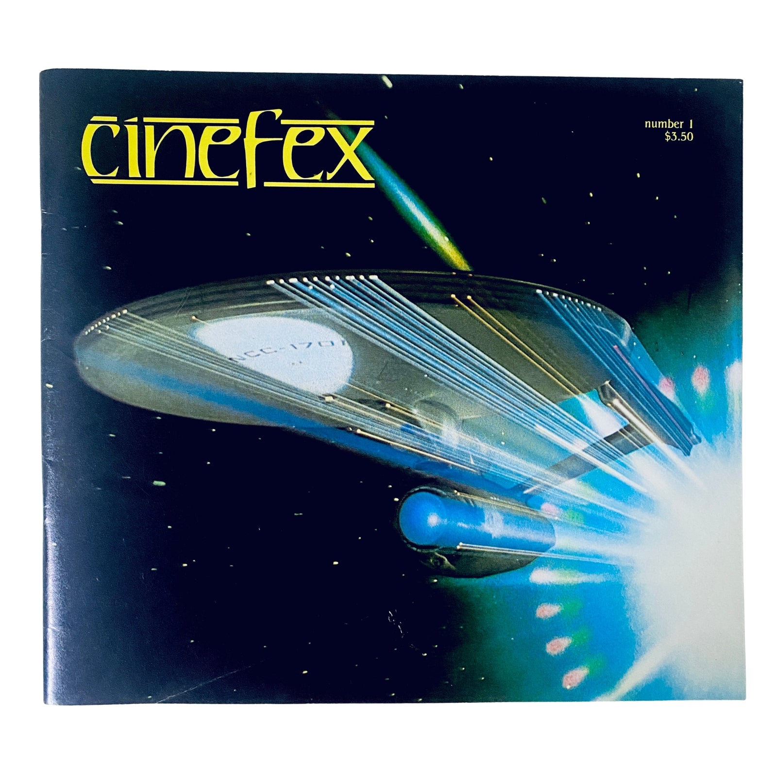Cover of Cinefex Magazine March 1980 No. 1 featuring the iconic starship Enterprise from Star Trek: The Motion Picture. A visually striking design with bright colors and dynamic lighting.