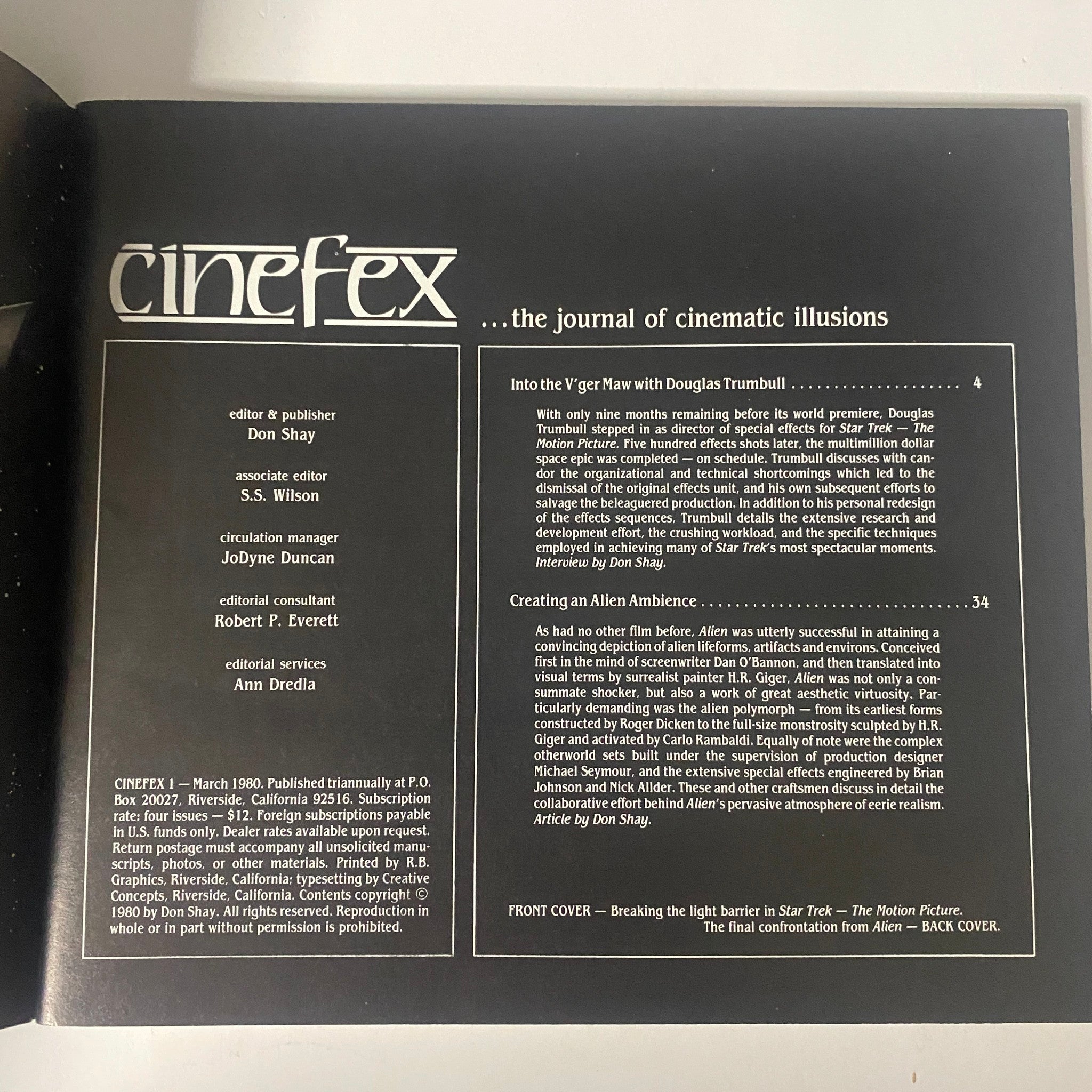 Interior page of Cinefex Magazine March 1980 No. 1 showcasing contents including articles about Star Trek: The Motion Picture and Alien. Features the title 'Into the V’ger Maw with Douglas Trumbull'.