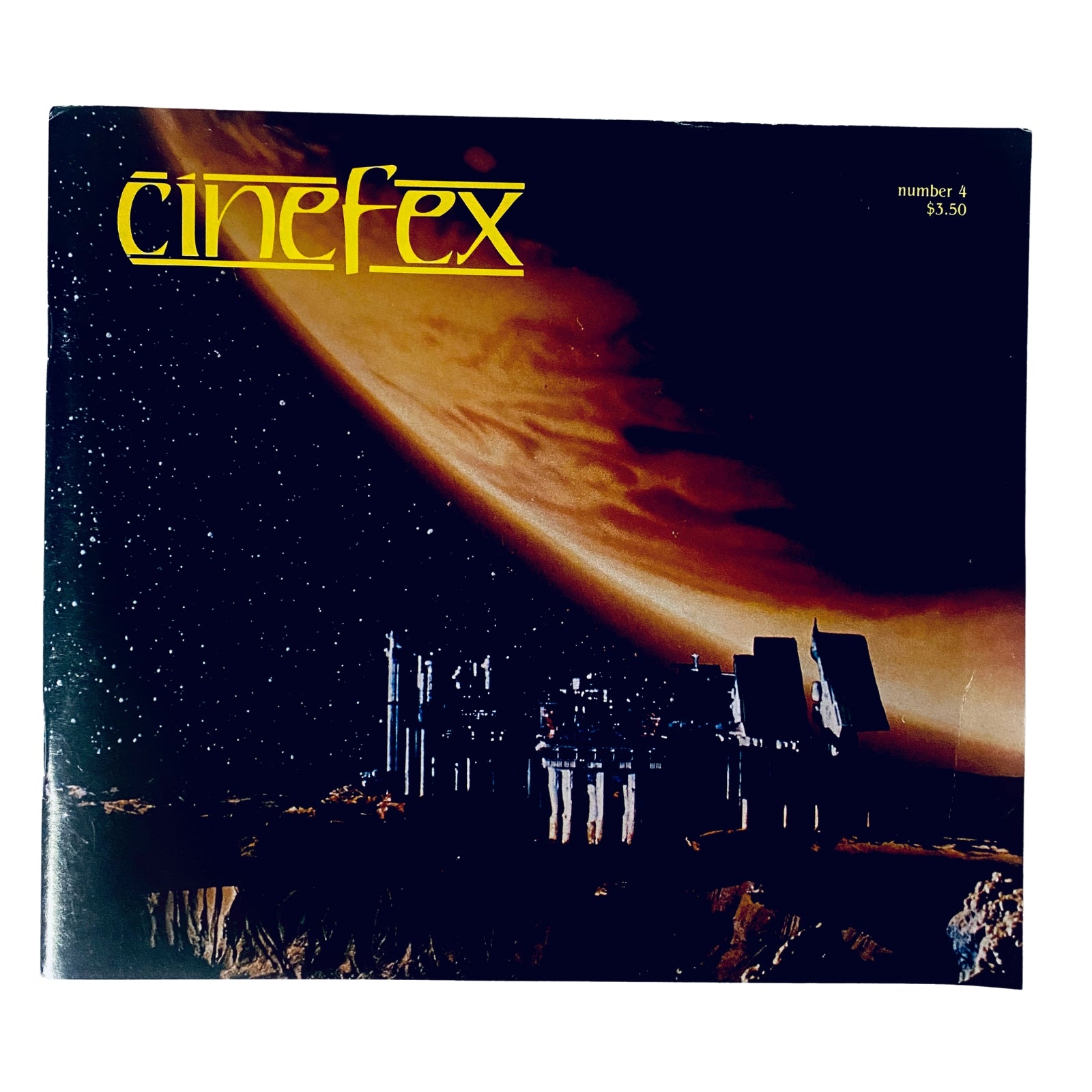 Cover of Cinefex Magazine April 1981 No. 4 featuring an illustration of the Con-Amalgamate mining colony from the film Outland, showcasing a vibrant starry background and a large planet.