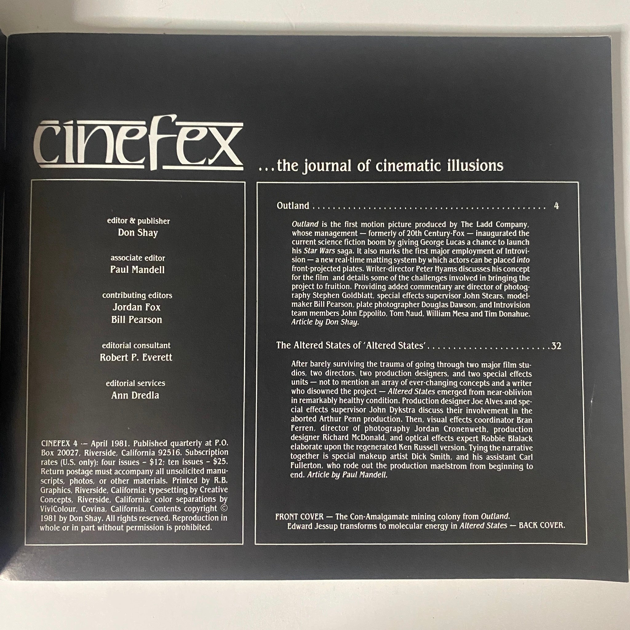 Cover page of Cinefex Magazine April 1981 No. 4 featuring detailed descriptions of the film Outland and its visual effects, with credits and editorial information.