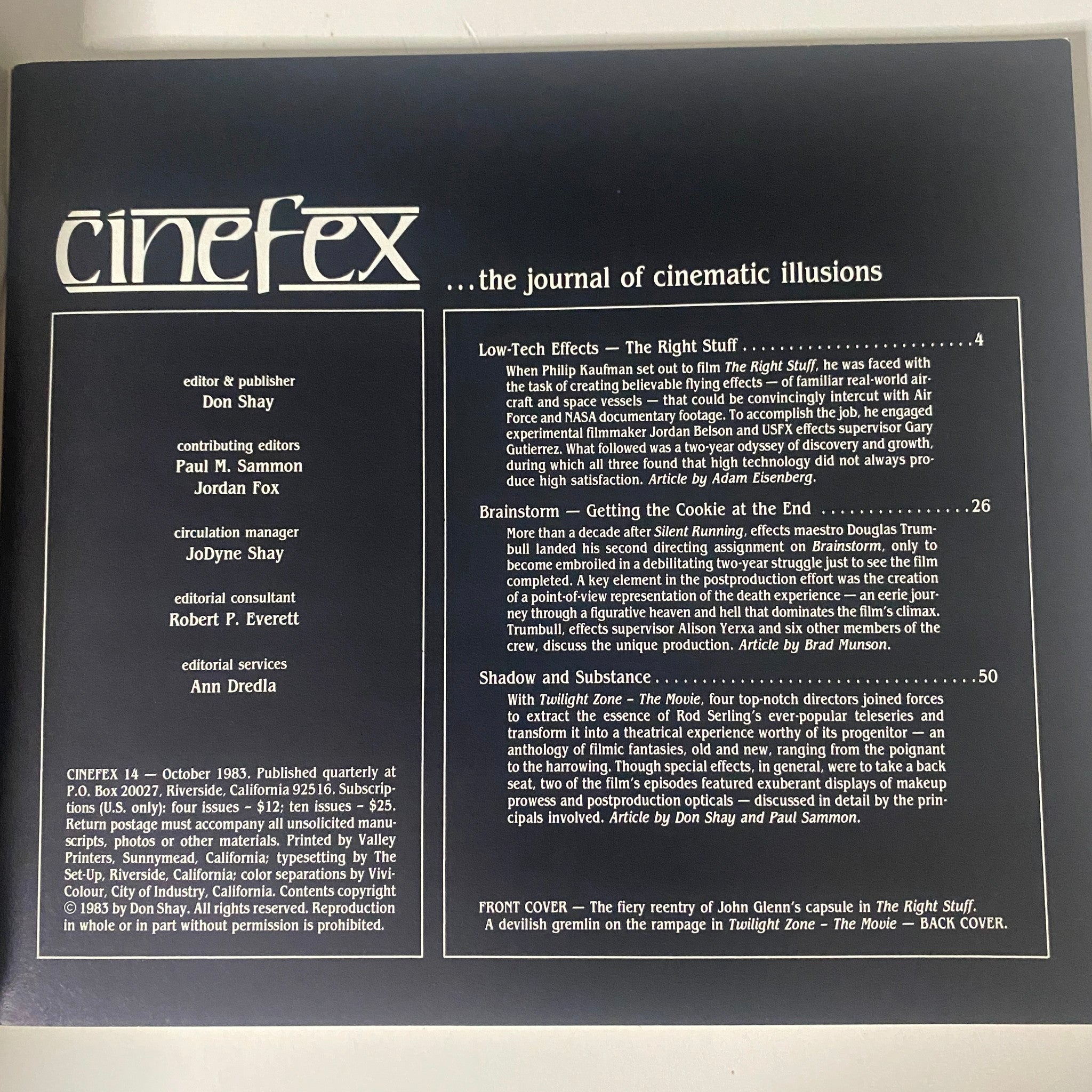 Back cover of Cinefex Magazine October 1983 No. 14, showcasing a detailed table of contents and article highlights, including Low-Tech Effects and Brainstorm.