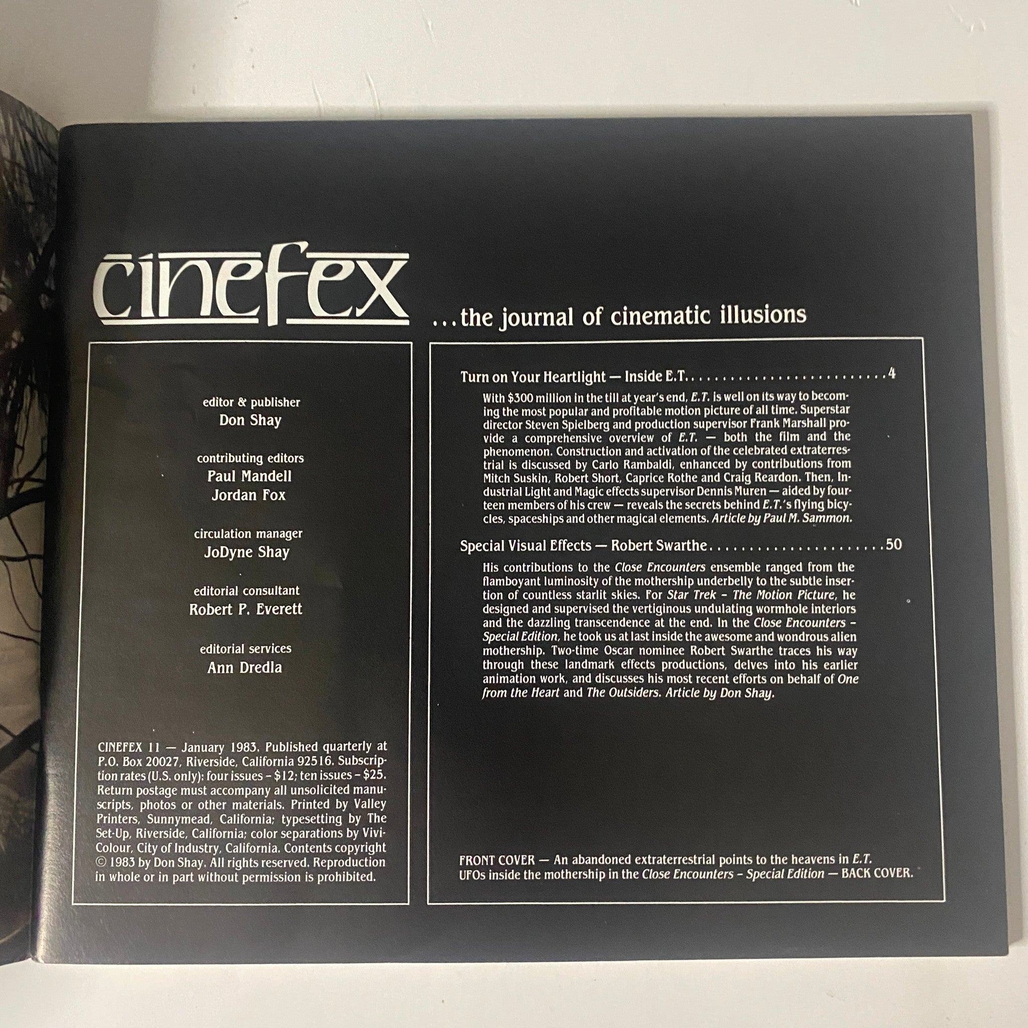 Cover page of Cinefex Magazine January 1983 No. 11 featuring an overview of articles on E.T. and Close Encounters, highlighting the film's cinematic illusions.