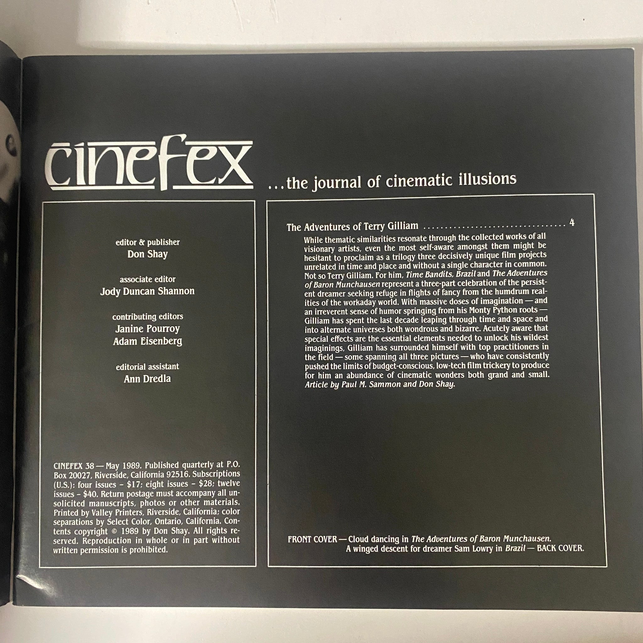 Cinefex Magazine May 1989 No. 38 page detailing the editorial staff and a feature on The Adventures of Terry Gilliam, highlighting the film's creative process and artistry.