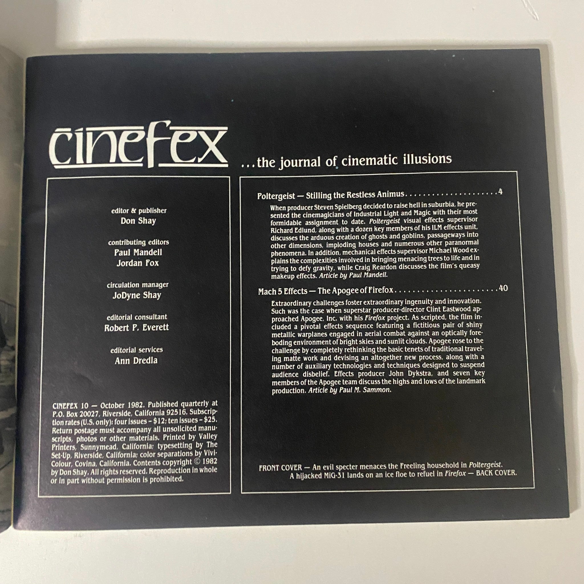 Cinefex Magazine October 1982 No. 10 showcasing the contents page including articles on Poltergeist and Firefox.