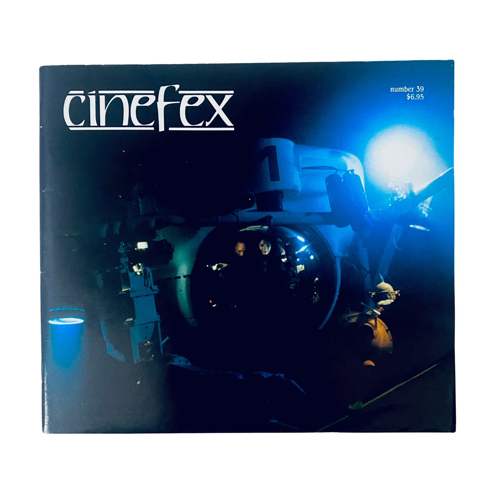 Cover of Cinefex Magazine August 1989 No. 39 featuring a dark image of the Cab One submersible from The Abyss, showcasing elements of innovative cinematic technology.