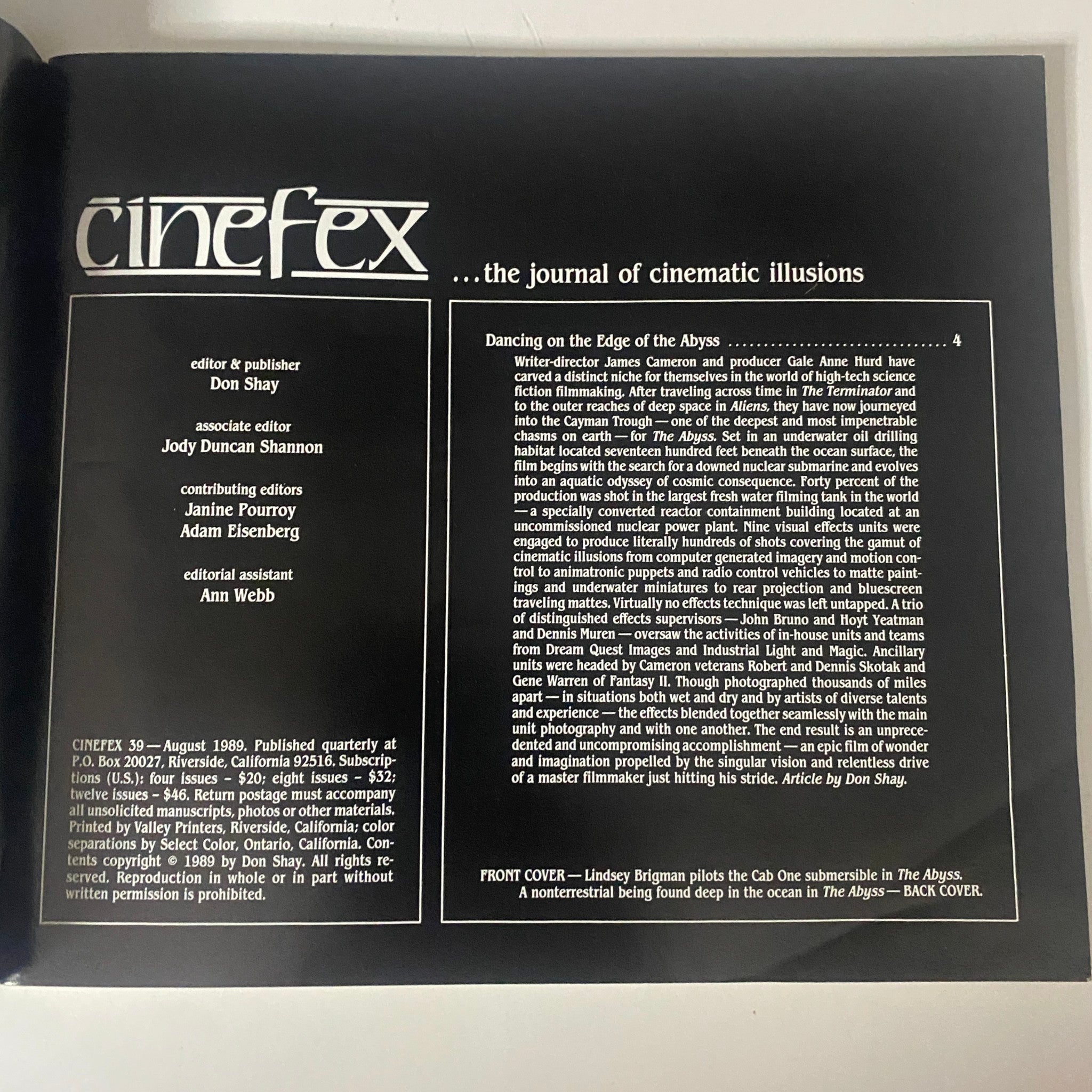 Inside page of Cinefex Magazine August 1989 No. 39 detailing the editorial information and article 'Dancing on the Edge of the Abyss' about the film The Abyss.