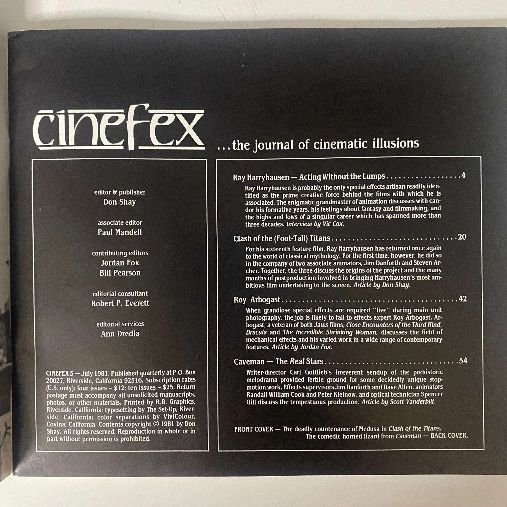 Cinefex Magazine July 1981 No. 5 back cover showcasing the magazine's contents and credits.