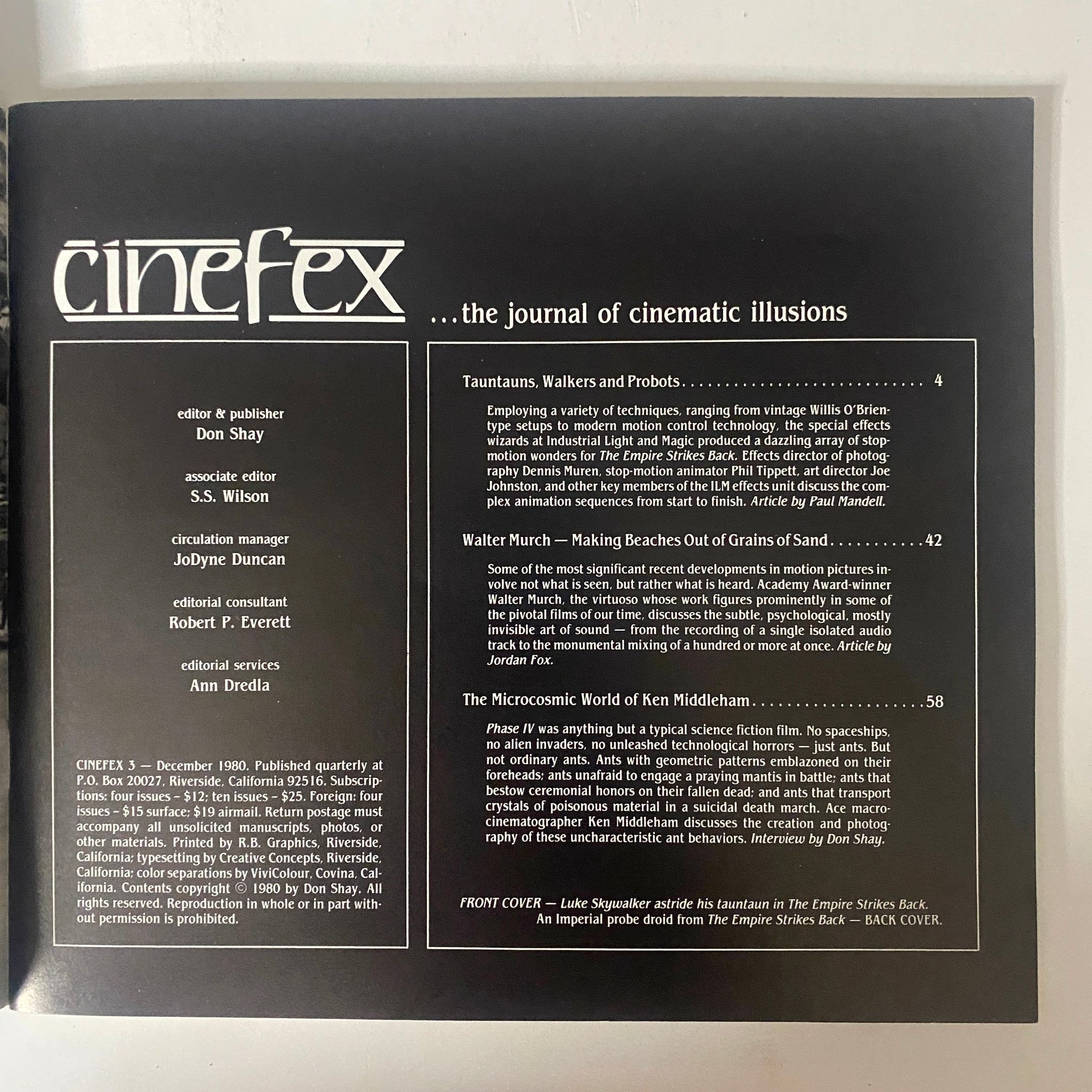 Back cover of Cinefex Magazine December 1980 No. 3 includes a detailed contents listing featuring insights into the making of The Empire Strikes Back and other cinematic innovations.