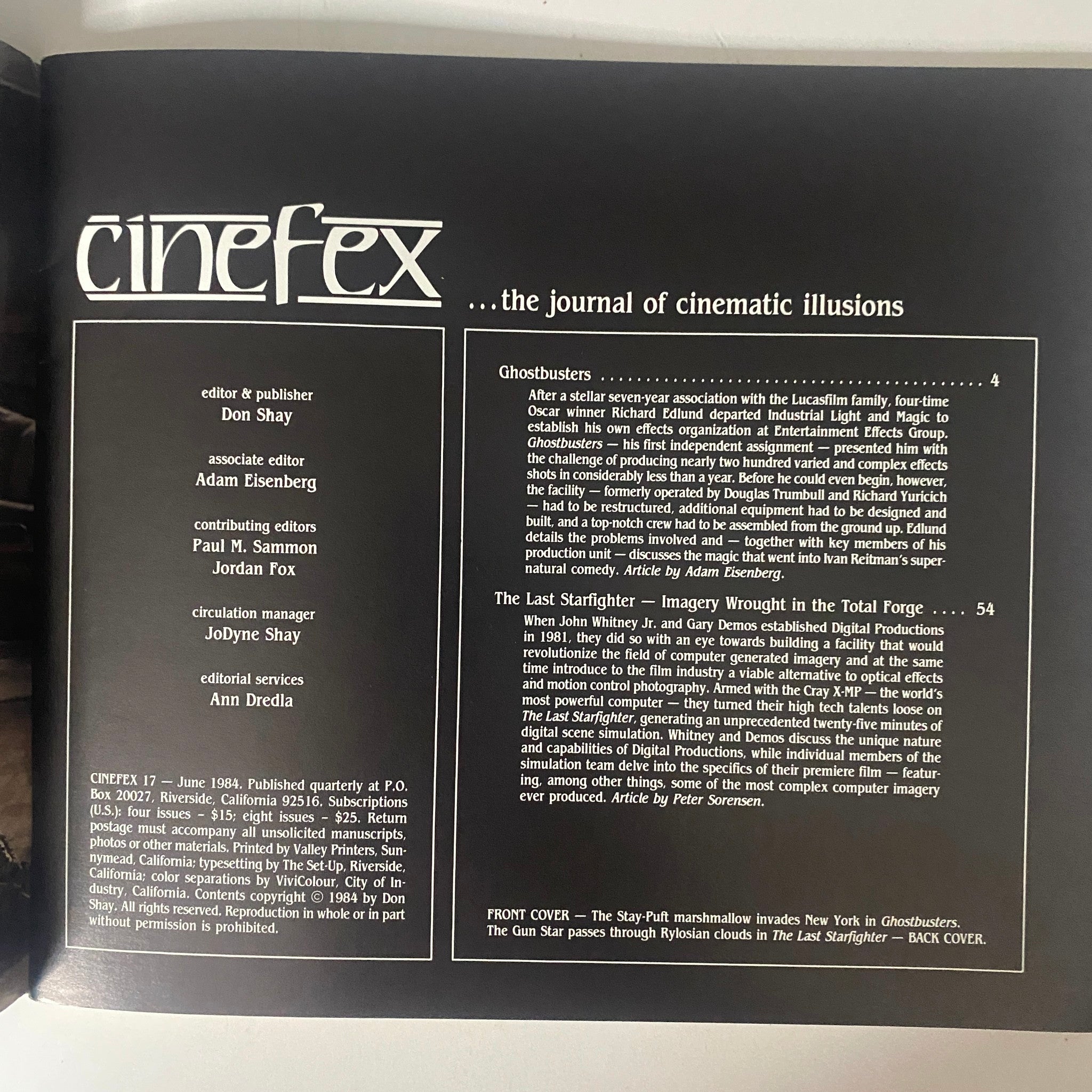 Inside page of Cinefex Magazine June 1984 No. 17, detailing the editorial team and topics covered, including Ghostbusters and The Last Starfighter.