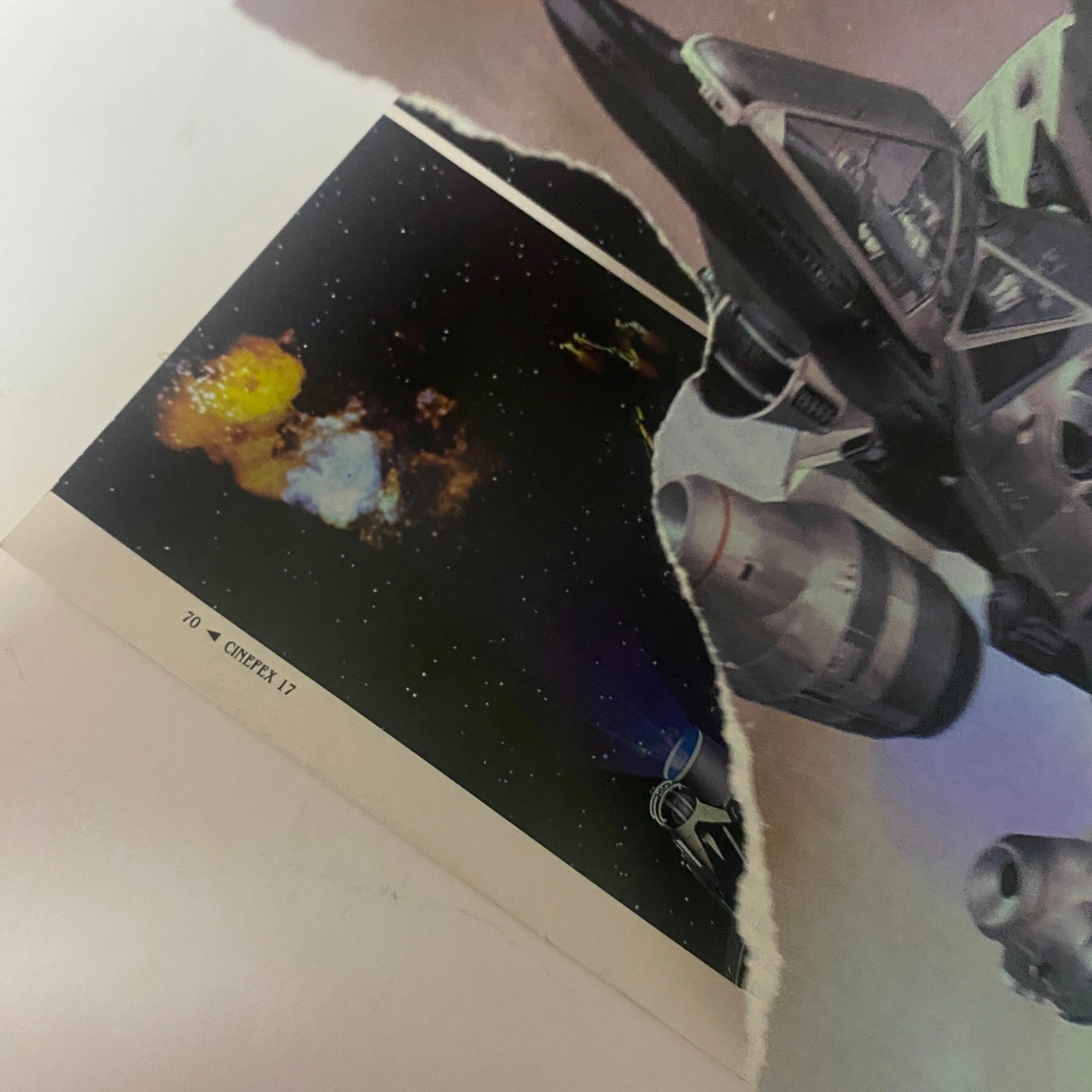 Inside page of Cinefex Magazine June 1984 No. 17, featuring artwork of the Gunstar spaceship in action with an outer space background.
