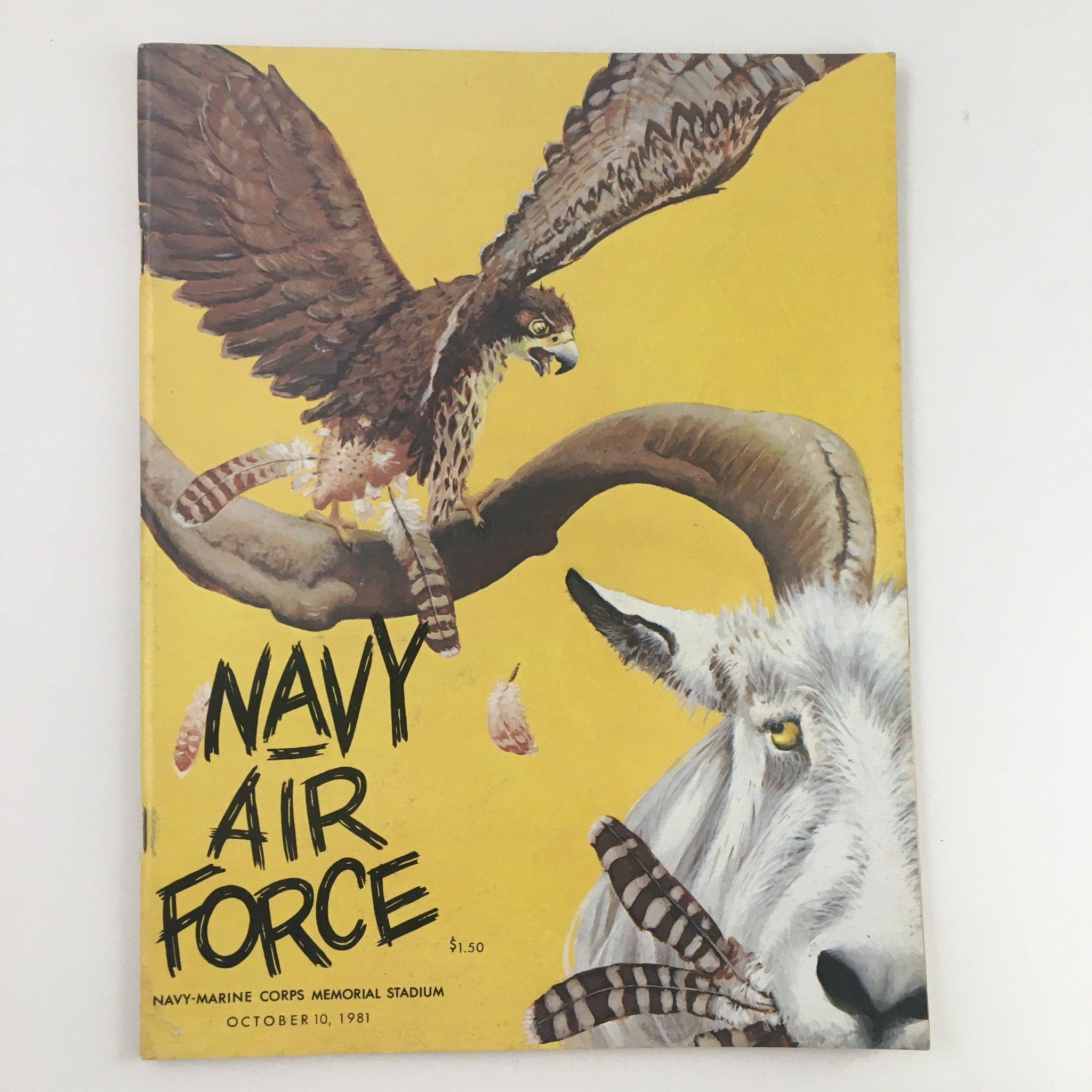 1981 Navy Air Force Navy-Marine Corps Memorial Stadium Official Program featuring an artistic illustration with a hawk and a ram on a vibrant yellow background.