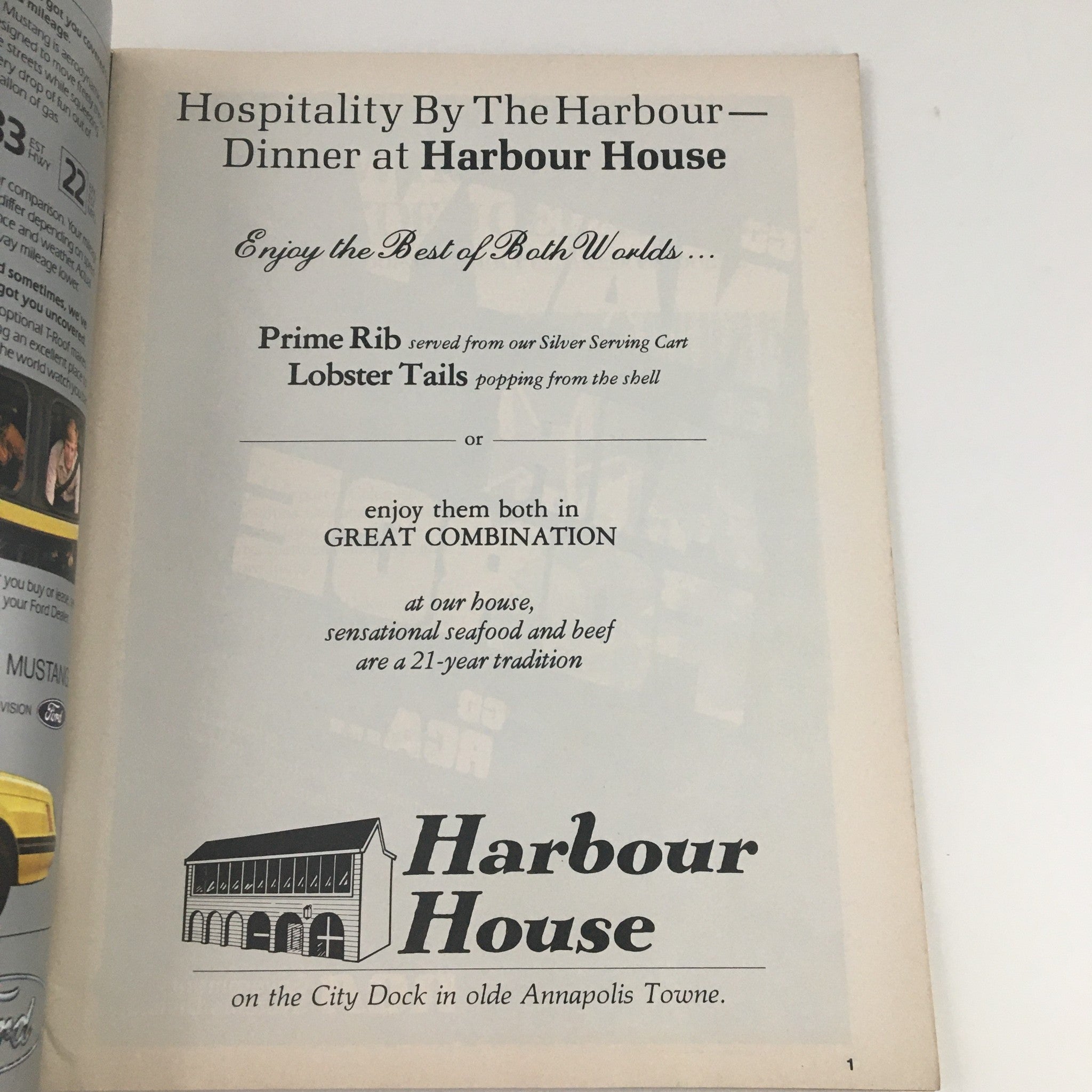 Inside page of the 1981 Navy Air Force Navy-Marine Corps Memorial Stadium Official Program advertising Harbour House dinner options with prime rib and lobster tails.