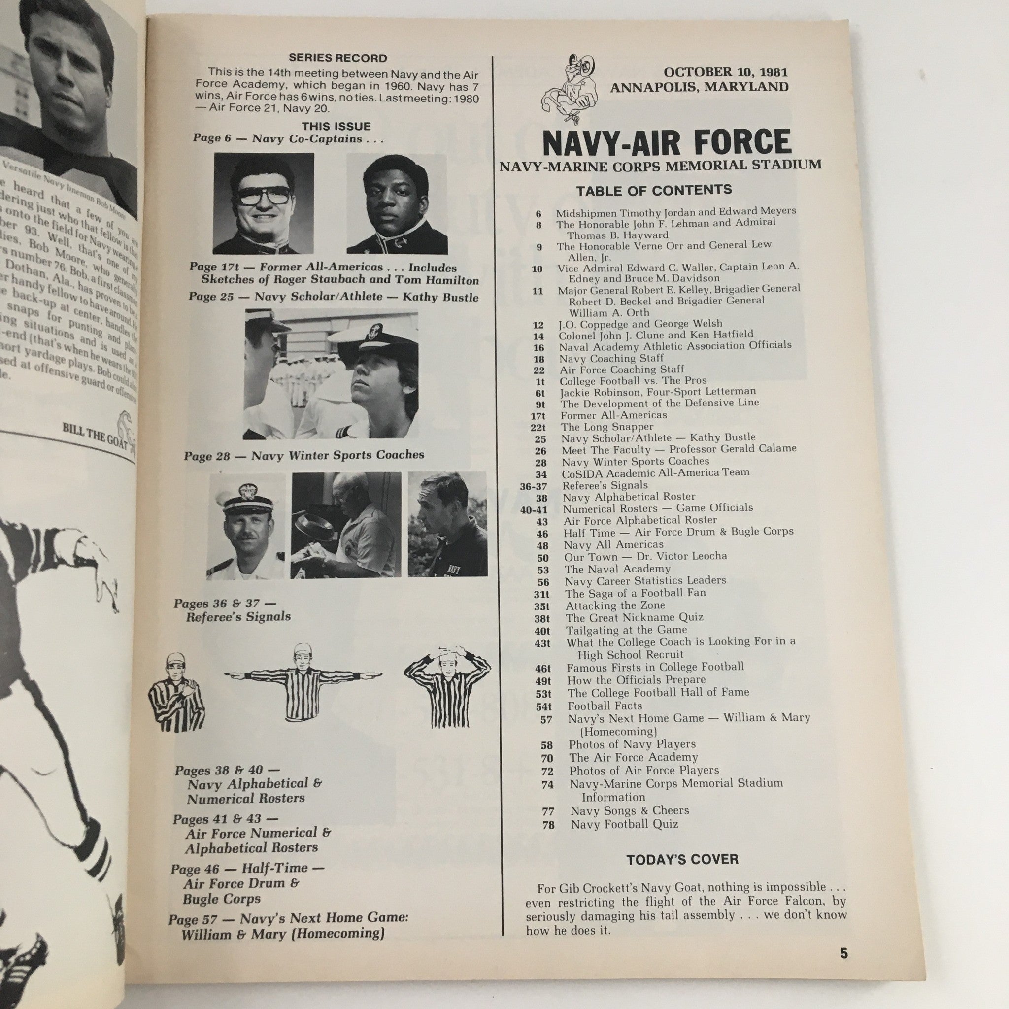 Page from the 1981 Navy Air Force Navy-Marine Corps Memorial Stadium Official Program featuring the table of contents and information about Navy co-captains.