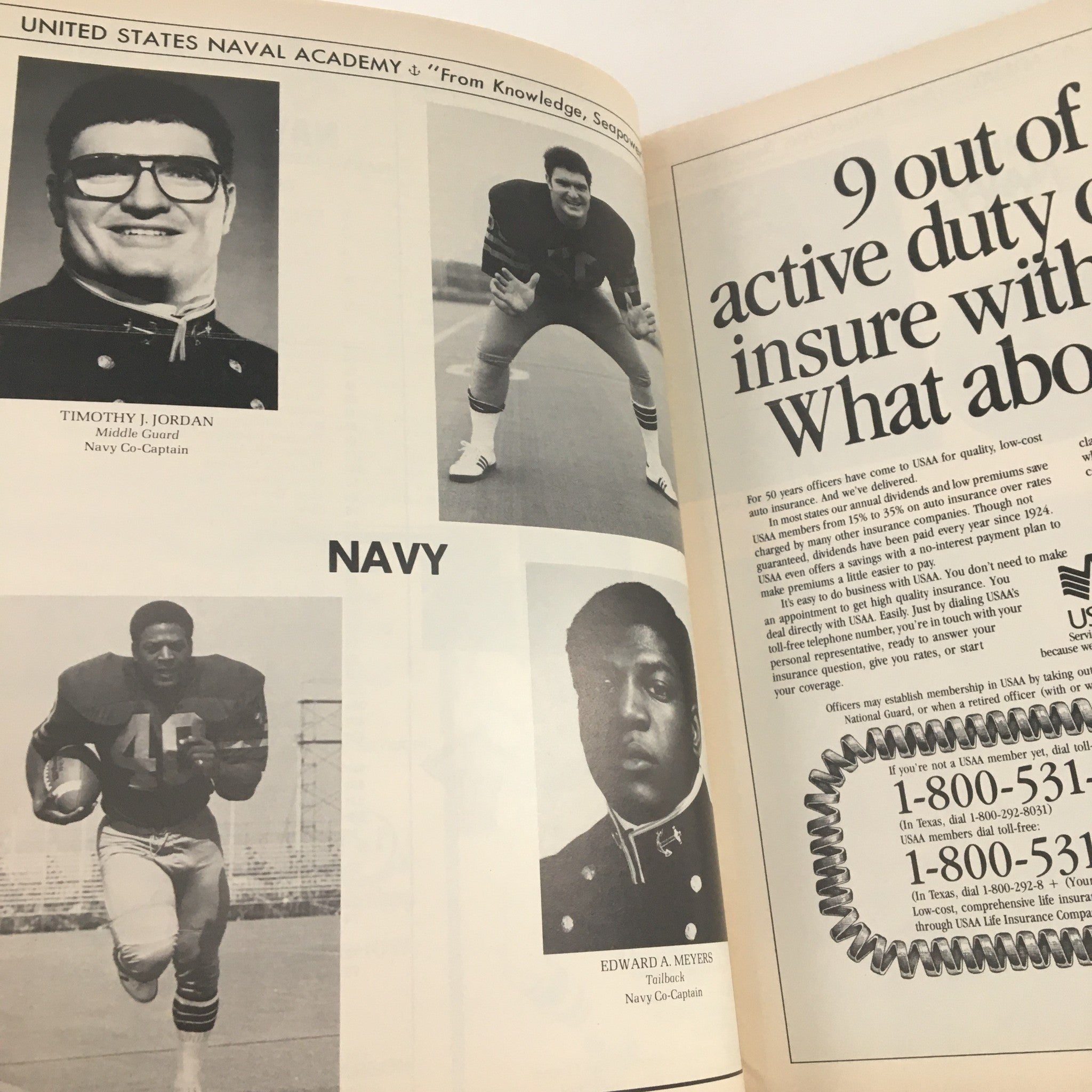 Image of two Navy co-captains, Timothy J. Jordan and Edward A. Meyers, from the 1981 Navy Air Force Navy-Marine Corps Memorial Stadium Official Program.