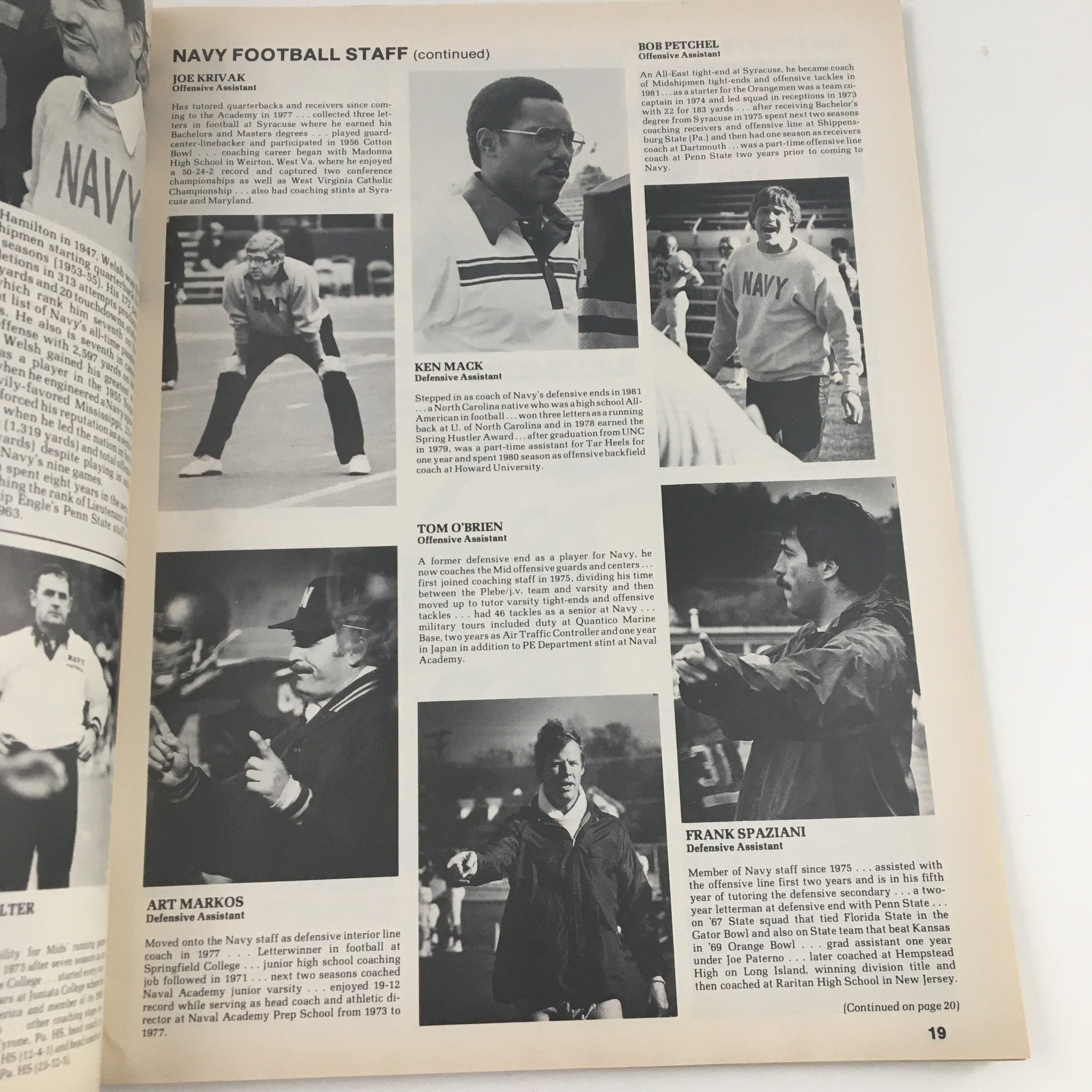 Image of Navy football staff including Joe Kriyak and Bob Petchel, from the 1981 Navy Air Force Navy-Marine Corps Memorial Stadium Official Program.