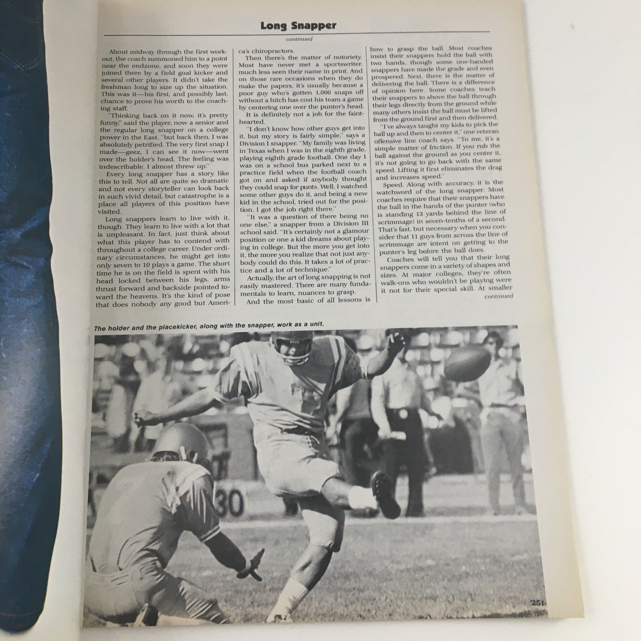 1971 Navy Air Force Navy-Marine Corps Memorial Stadium Official Program featuring an article about long snappers in football, with an image depicting a holder and a snapper during a game.