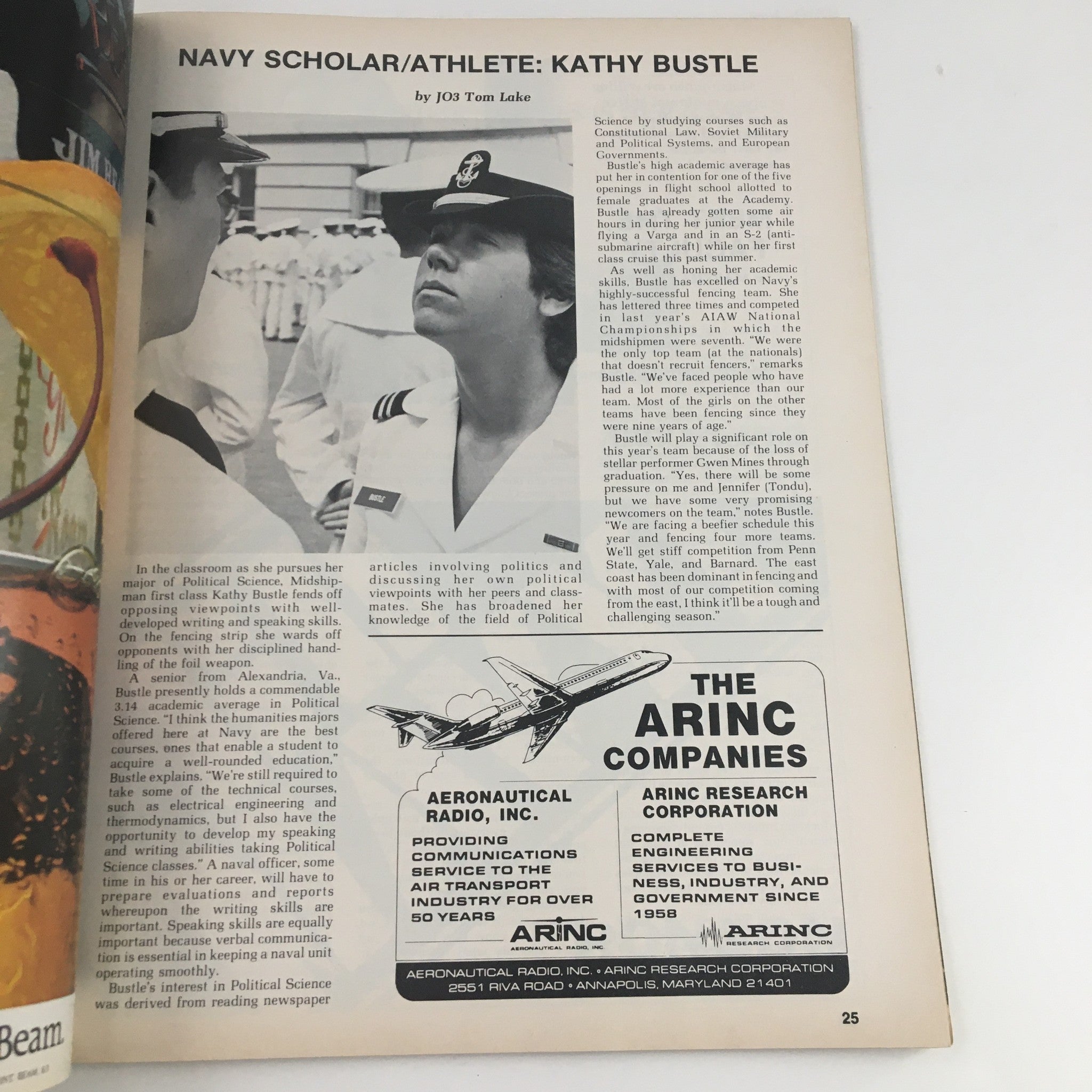 1971 Navy Air Force Navy-Marine Corps Memorial Stadium Official Program featuring a profile of Navy Scholar/Athlete Kathy Bustle, with an image showcasing her in Navy uniform.