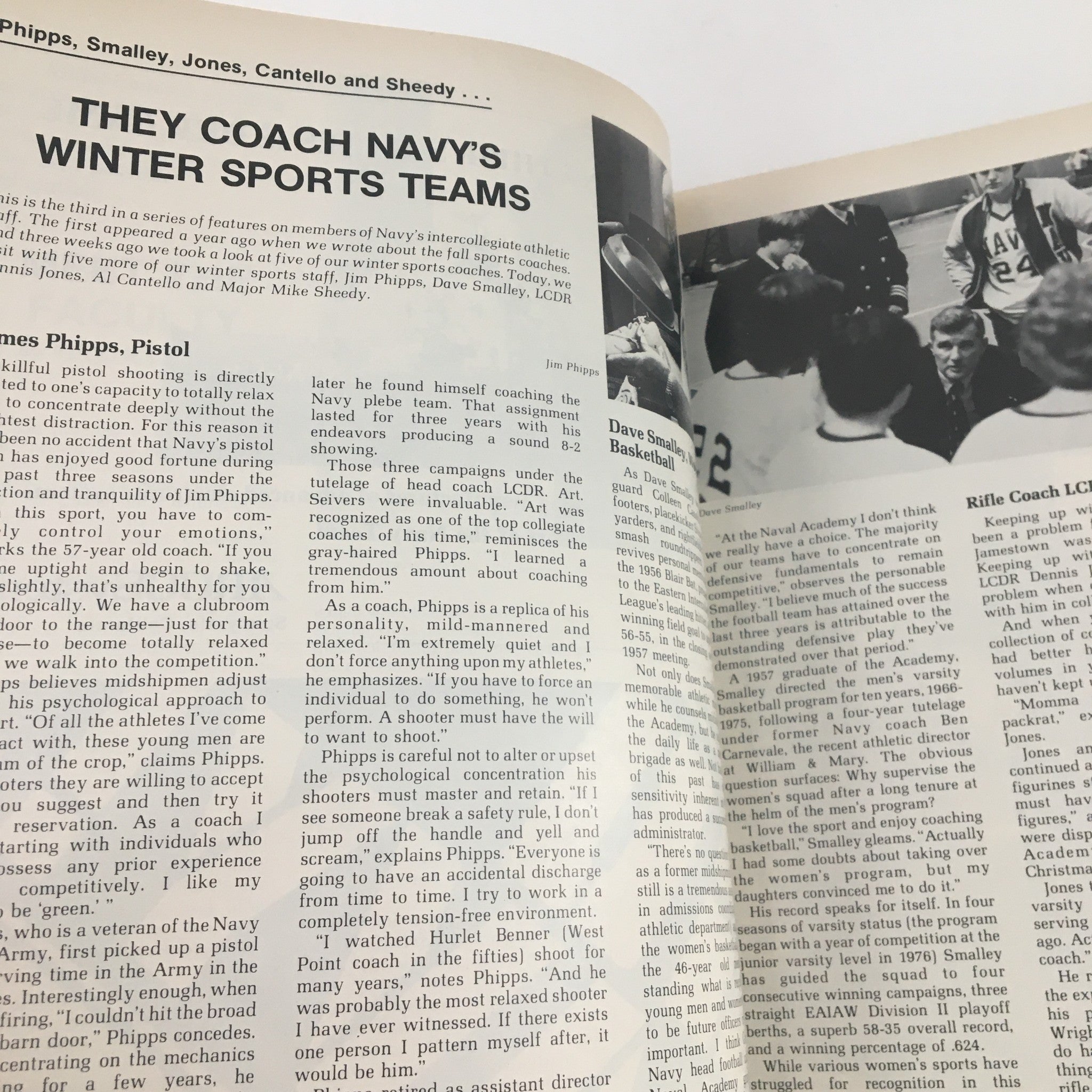 1971 Navy Air Force Navy-Marine Corps Memorial Stadium Official Program discussing Navy's winter sports coaching staff, illustrated with an image of Coach Dave Smalley engaged with basketball players.