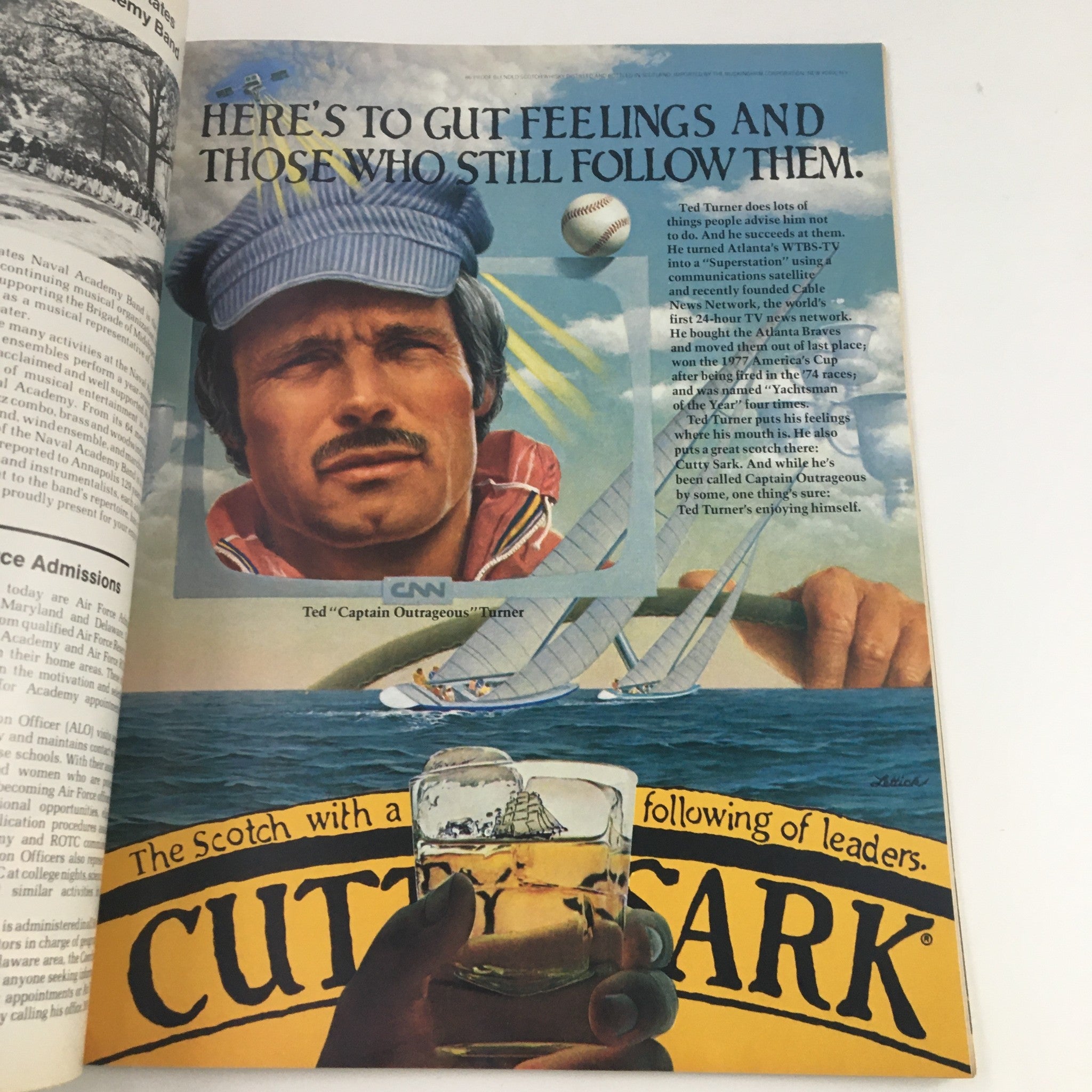 1971 Navy Air Force Navy-Marine Corps Memorial Stadium Official Program featuring an advertisement for Cutty Sark, displaying an image of Ted Turner with references to his ventures in media and sports.