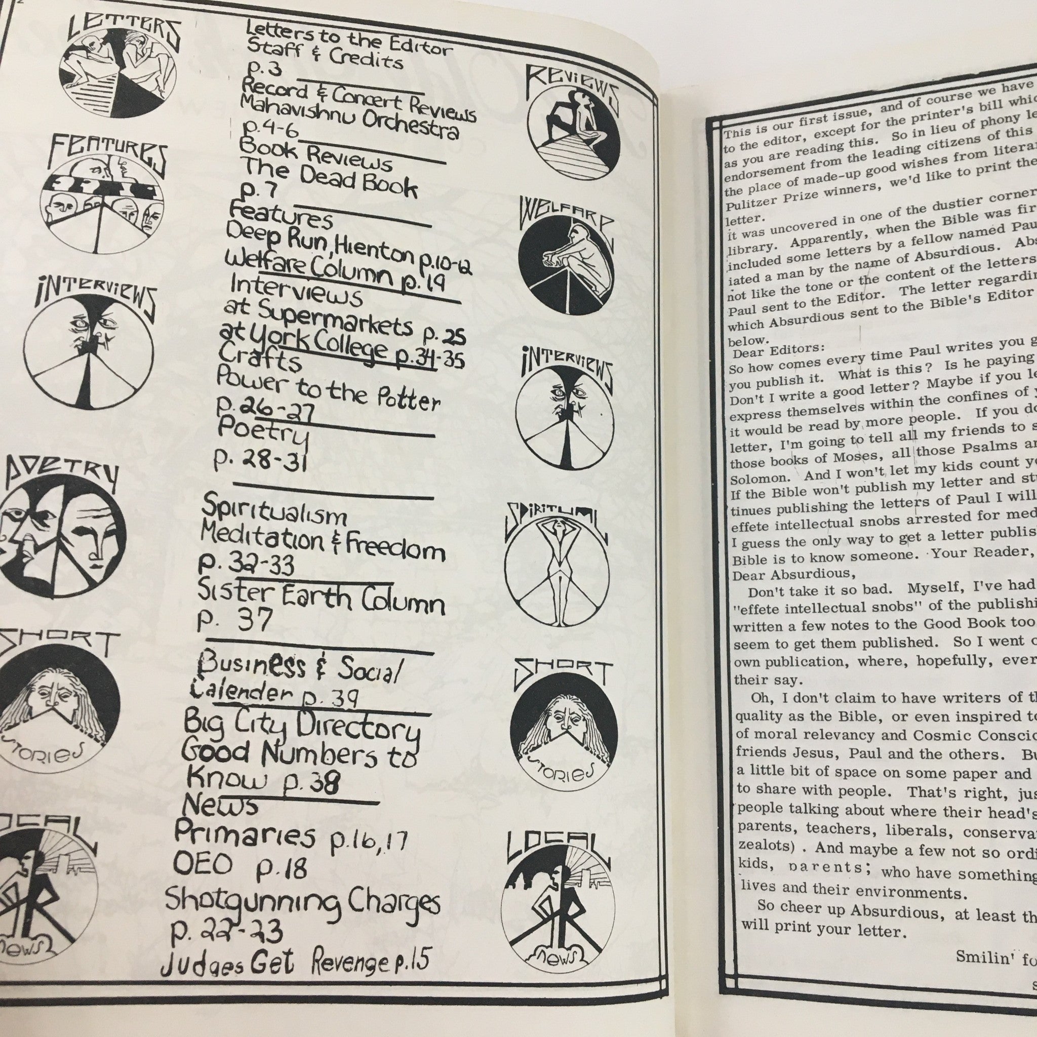 Interior page of The Olde York Times Magazine April 1, 1973, displaying various section headers including Letters to the Editor, Features, and Interviews.