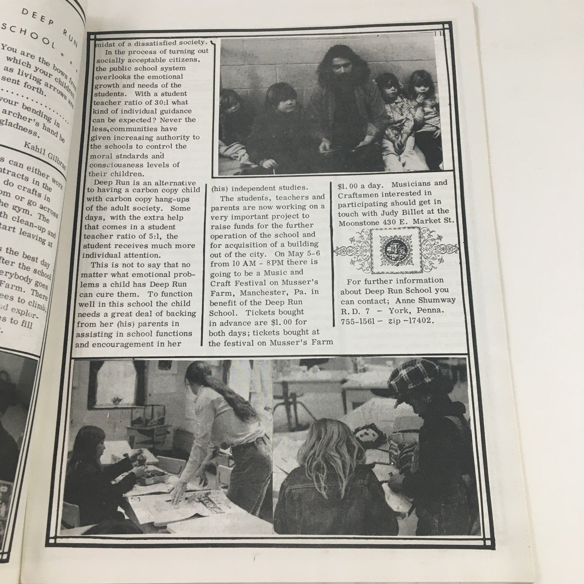Image from The Olde York Times Magazine April 1, 1973 showcasing the Deep Run School and alternative education with community insights.