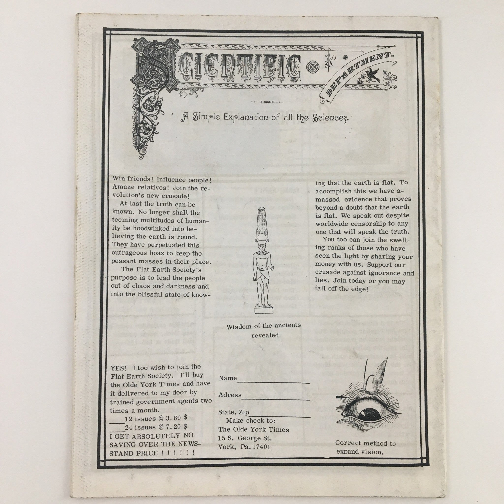 Promotional page from The Olde York Times Magazine April 1, 1973 for joining the Flat Earth Society, presenting a humorous take on societal beliefs.