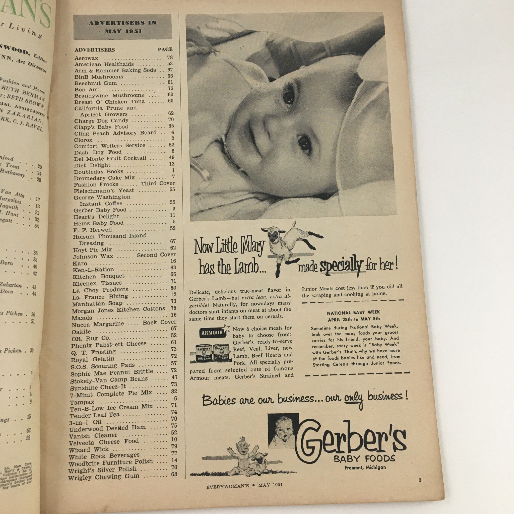 Inside page of Everywoman's Magazine May 1951 displaying advertisements, including one for Gerber's Baby Foods, featuring a smiling baby.