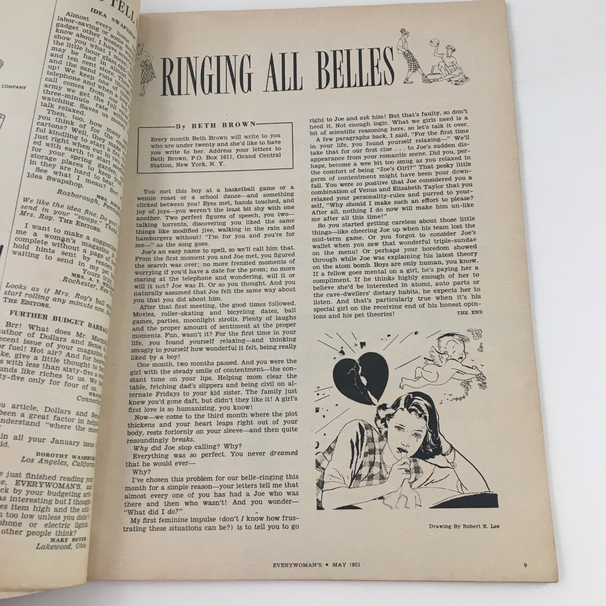 Editorial page titled 'Ringing All Belles' from Everywoman's Magazine May 1951, discussing dating and relationship advice.