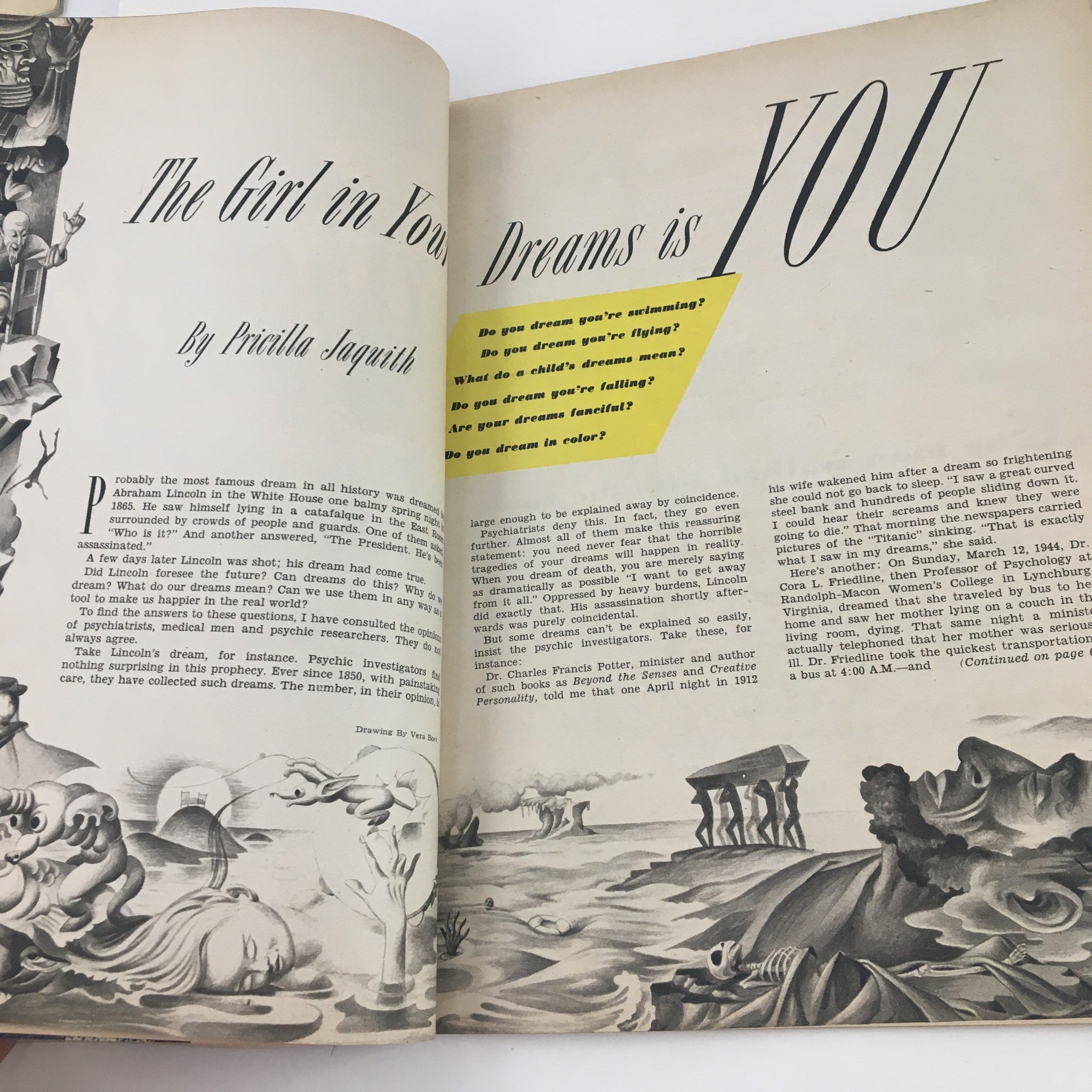 Feature article 'The Girl In Your Dreams is You' by Priscilla Sagurith in Everywoman's Magazine May 1951, exploring the significance of dreams.