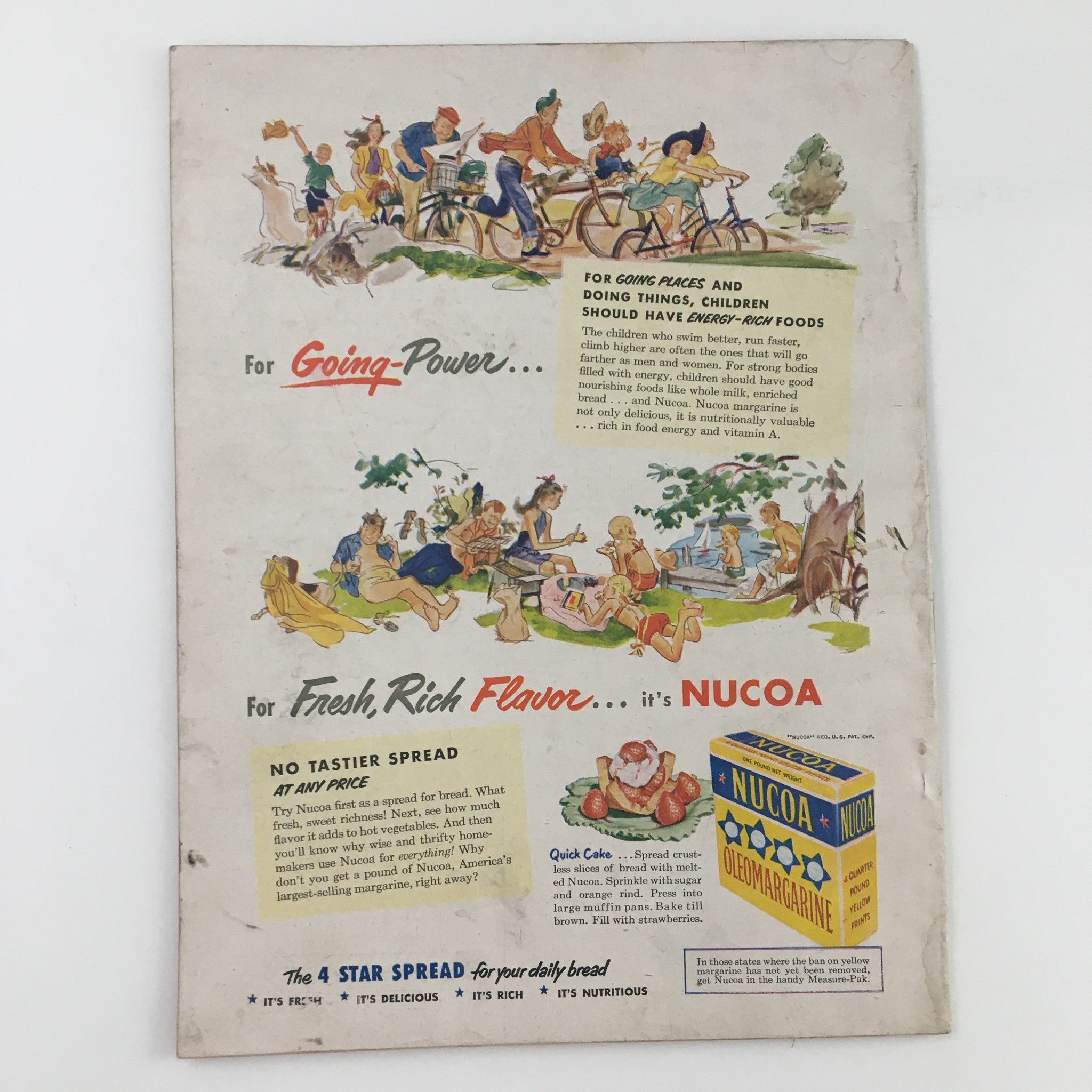 Back cover illustration from Everywoman's Magazine May 1951 featuring a cheerful picnic scene promoting Nucoa margarine for a healthy diet.