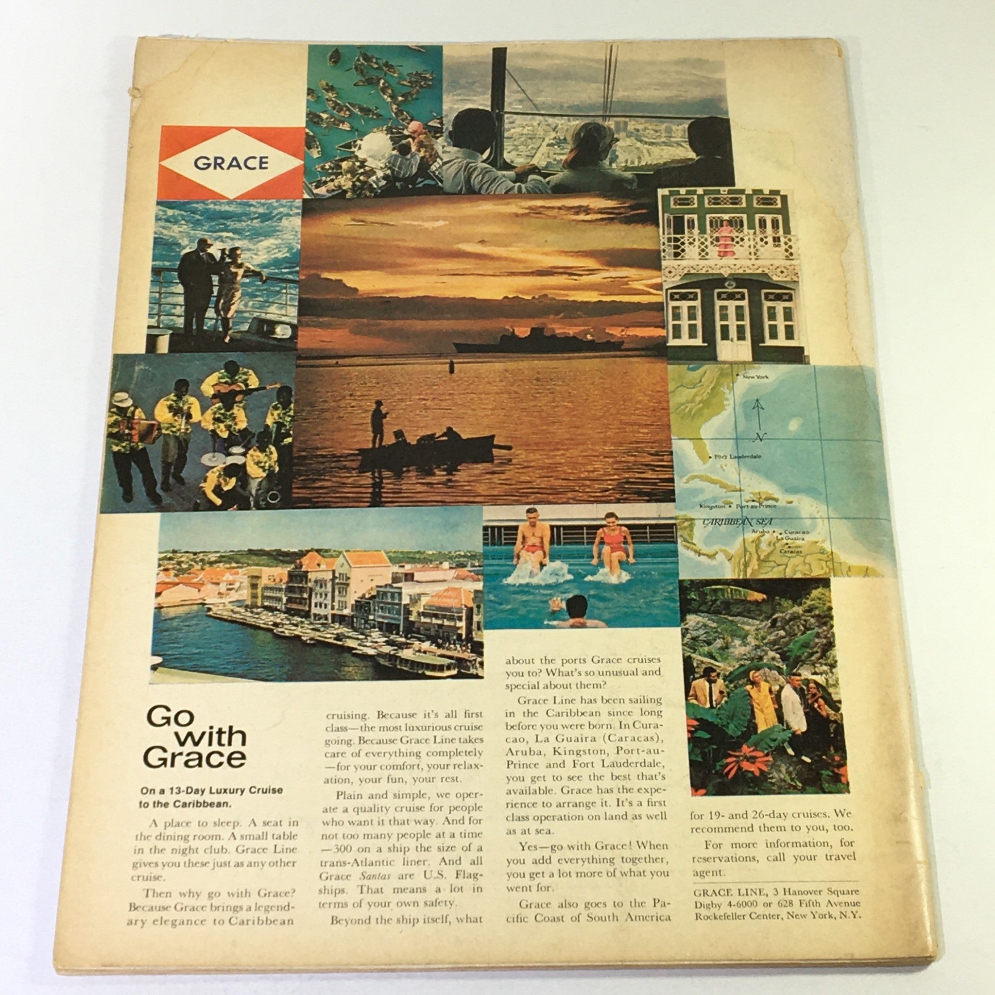 Back cover of VTG Gourmet magazine from August 1966, highlighting travel and luxury cruise advertisements with appealing images of Caribbean destinations and leisure activities.