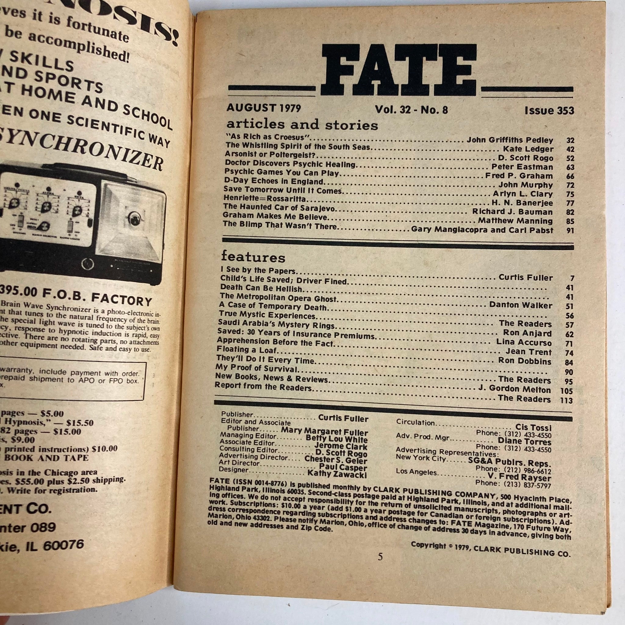 Interior page of VTG Fate Magazine August 1979 Vol 32 No. 8 showcasing article titles and features, including 'The Whistling Spirit of the South Seas' and 'Why I Believe'.