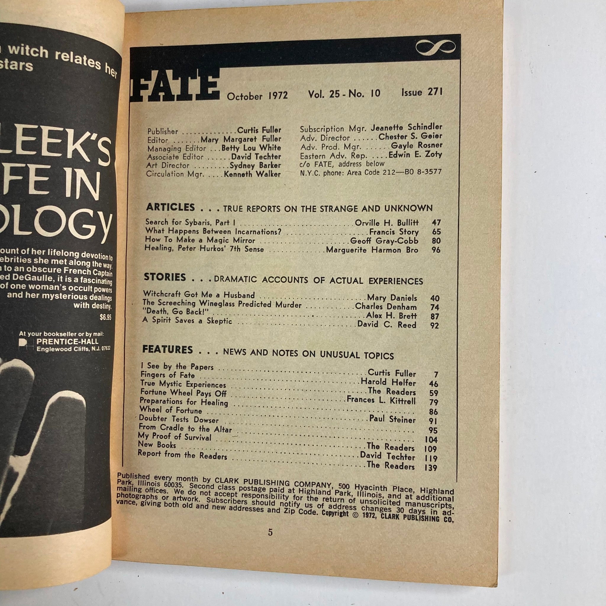 Interior page of VTG Fate Magazine from October 1972, Vol 25 No. 10, featuring the article list, including topics like Search for Sybaris and dramatic accounts of actual experiences.