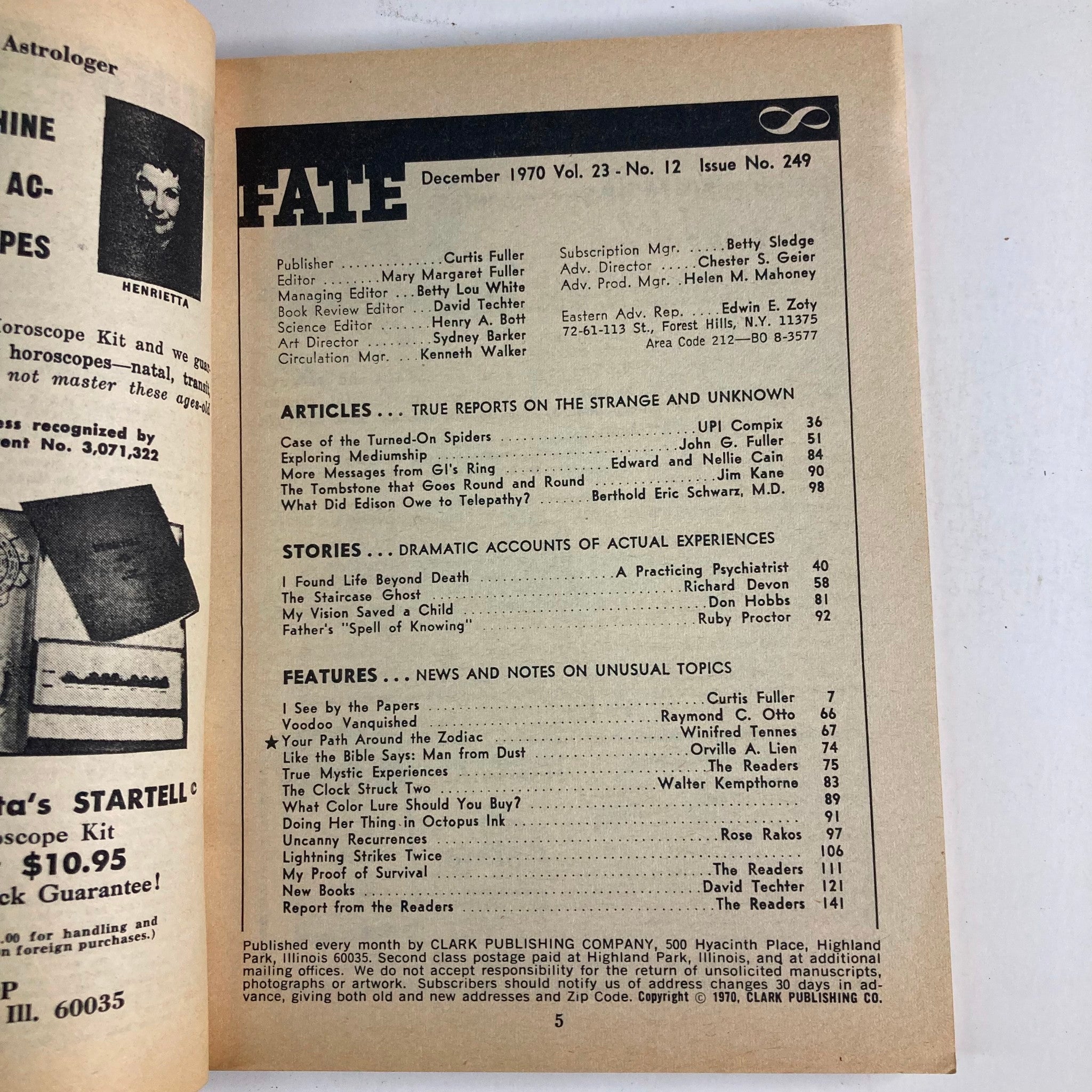 Interior page of VTG Fate Magazine December 1970 Vol 23 No. 12 displaying the table of contents. Highlights include articles on supernatural topics, including 'The Staircase Ghost' and other intriguing stories of the strange and unknown.
