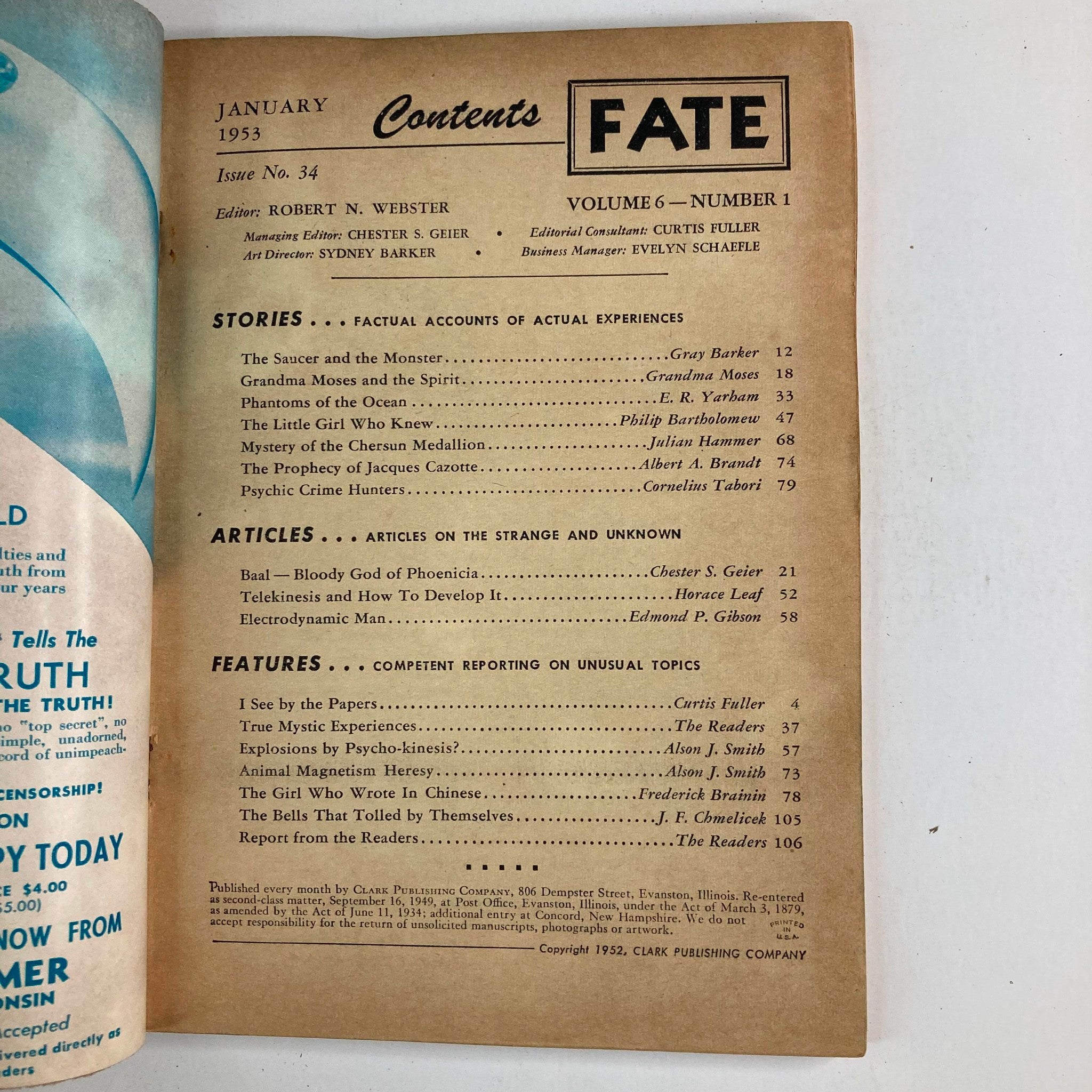 Contents page of VTG Fate Magazine January 1953 Vol 6 No 1 displaying a list of articles and stories including topics on spirituality and the strange.