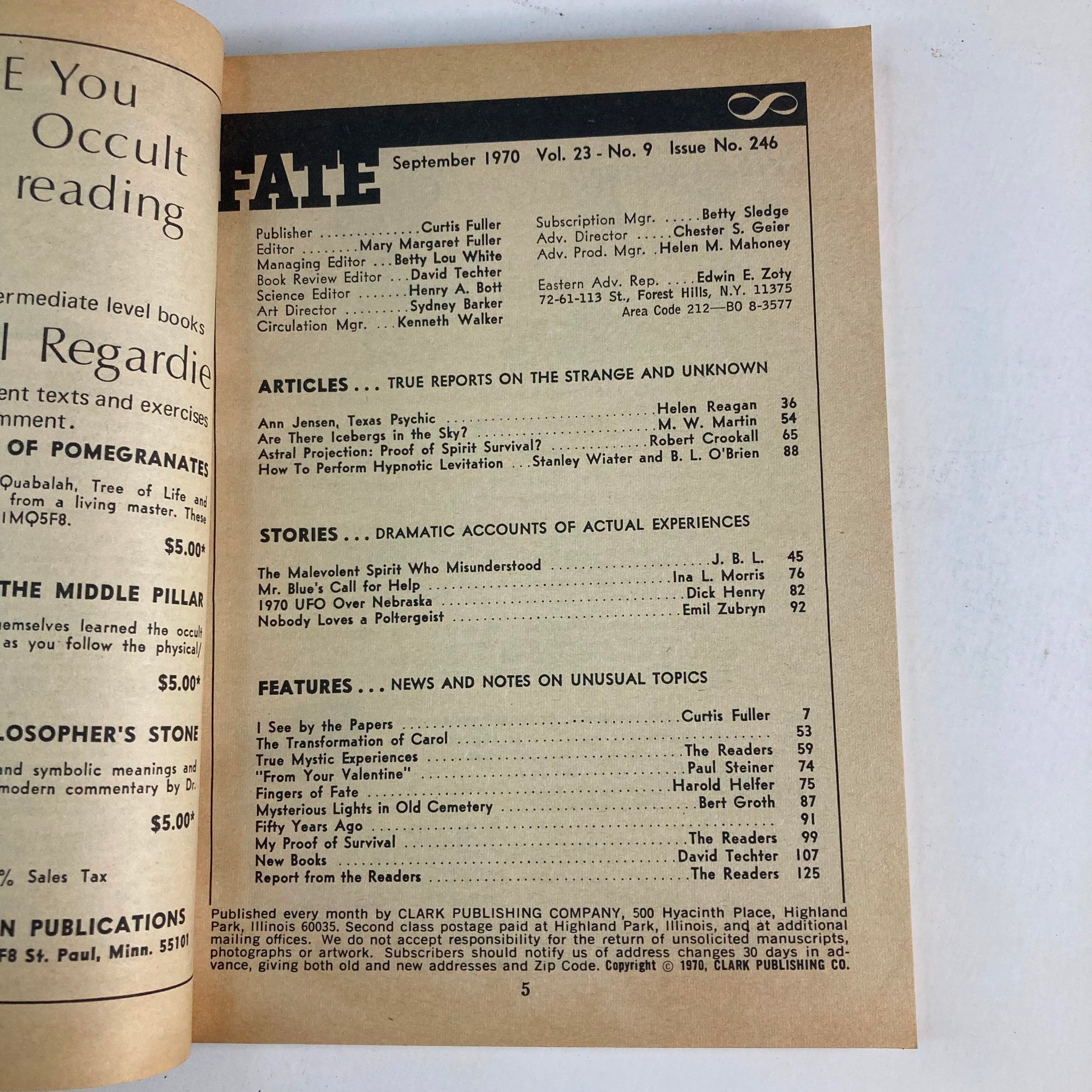 Inside page of VTG Fate Magazine September 1970 Vol 23 No. 9 showing table of contents including Ann Jensen, Texas Psychic and various articles on the paranormal.