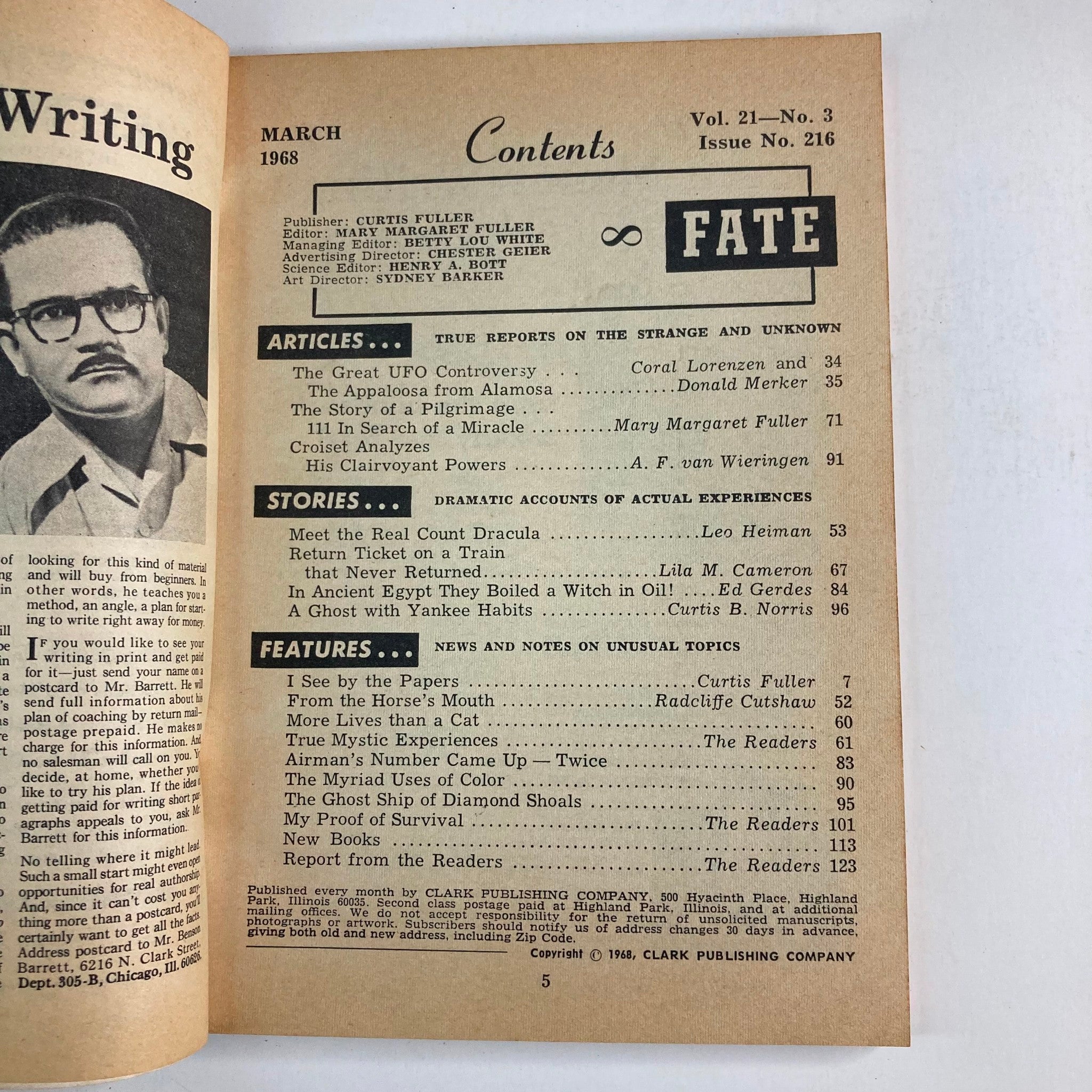 Contents page of VTG Fate Magazine March 1968 Vol 21 No. 3 The New UFO Controversy, featuring article titles and authors related to UFOs and paranormal topics.